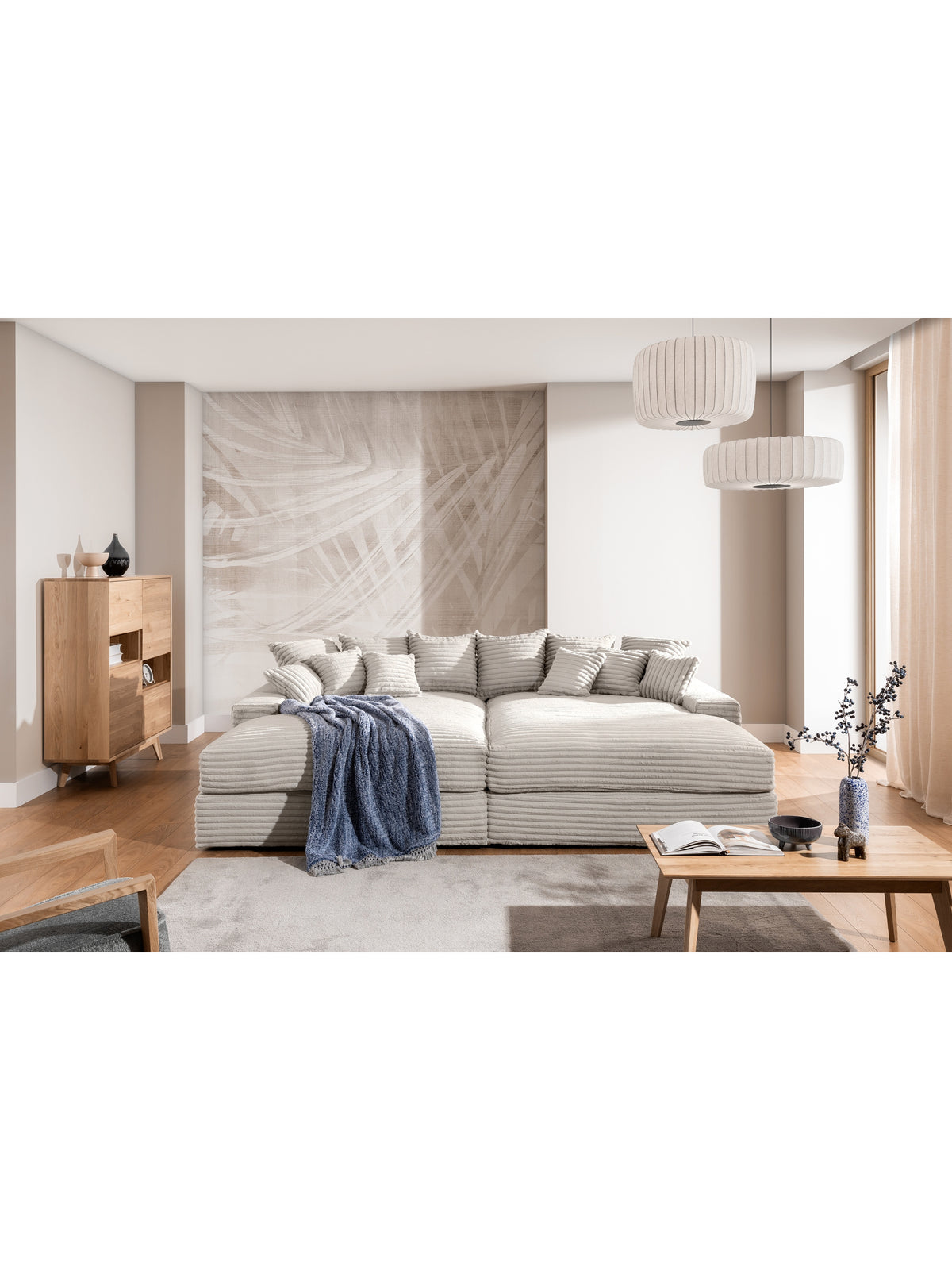 Sofa Warmi béžová z plyšu Tilia 03 s hlbokým sedadlom a 12 vankúšmi
