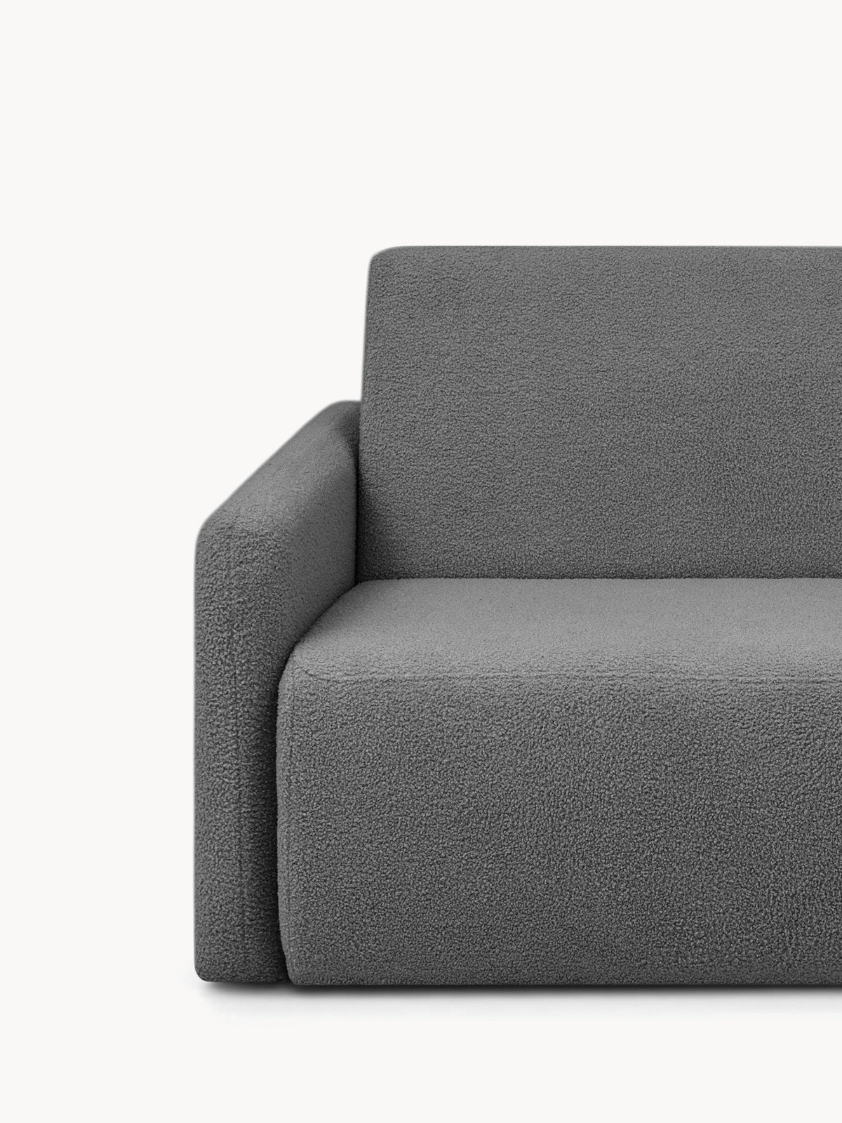 Rozkladacia dvojmiestna pohovka Nido 120 cm sivá boucle detail ľavého podrúčka