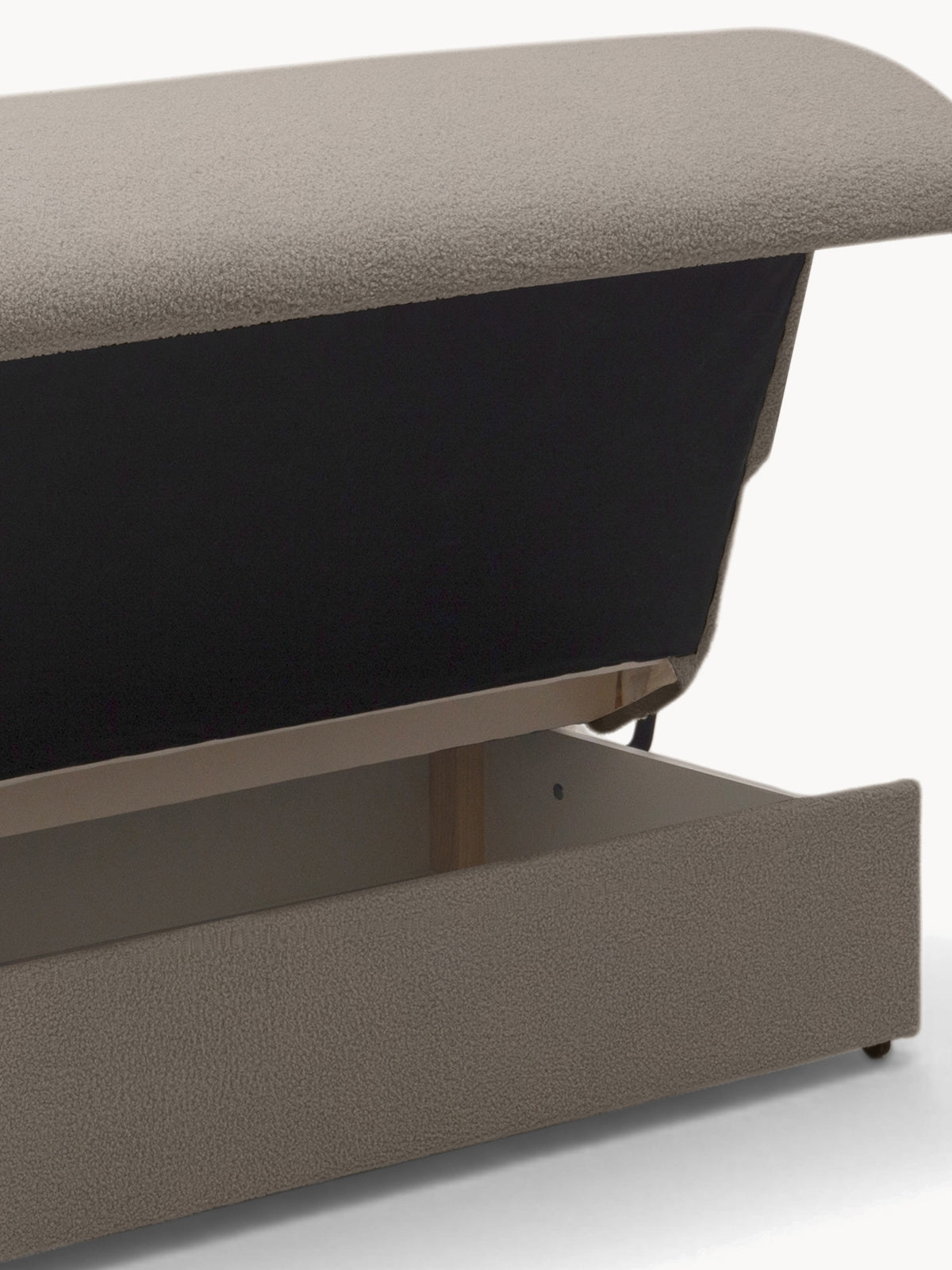 Sofa rozkładana Nido 140 cm beżowa boucle z otwartym pojemnikiem na pościel
