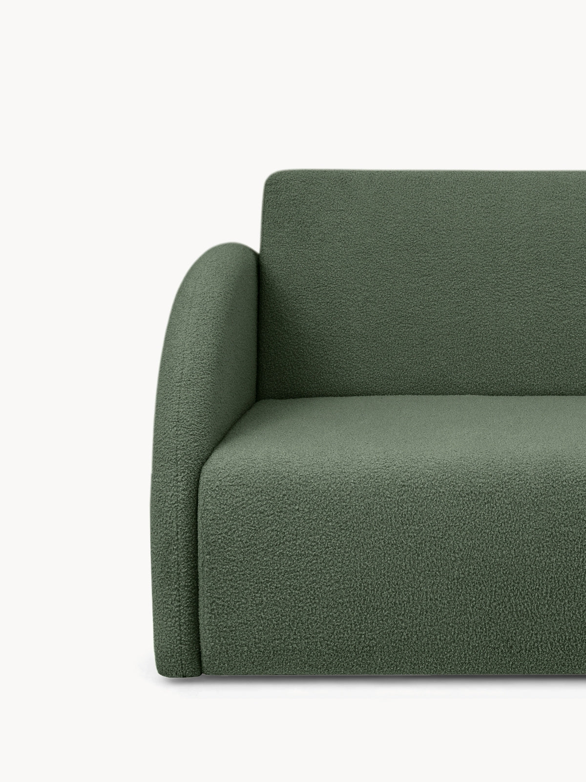 Sofa rozkładana Nubi dwuosobowa zielona boucle, widok na lewy bok i siedzisko