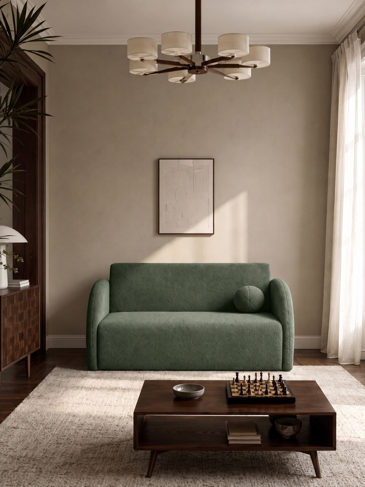 Sofa rozkładana Nubi 120 cm zielona boucle z pojemnikiem, widok frontalny z poduszką