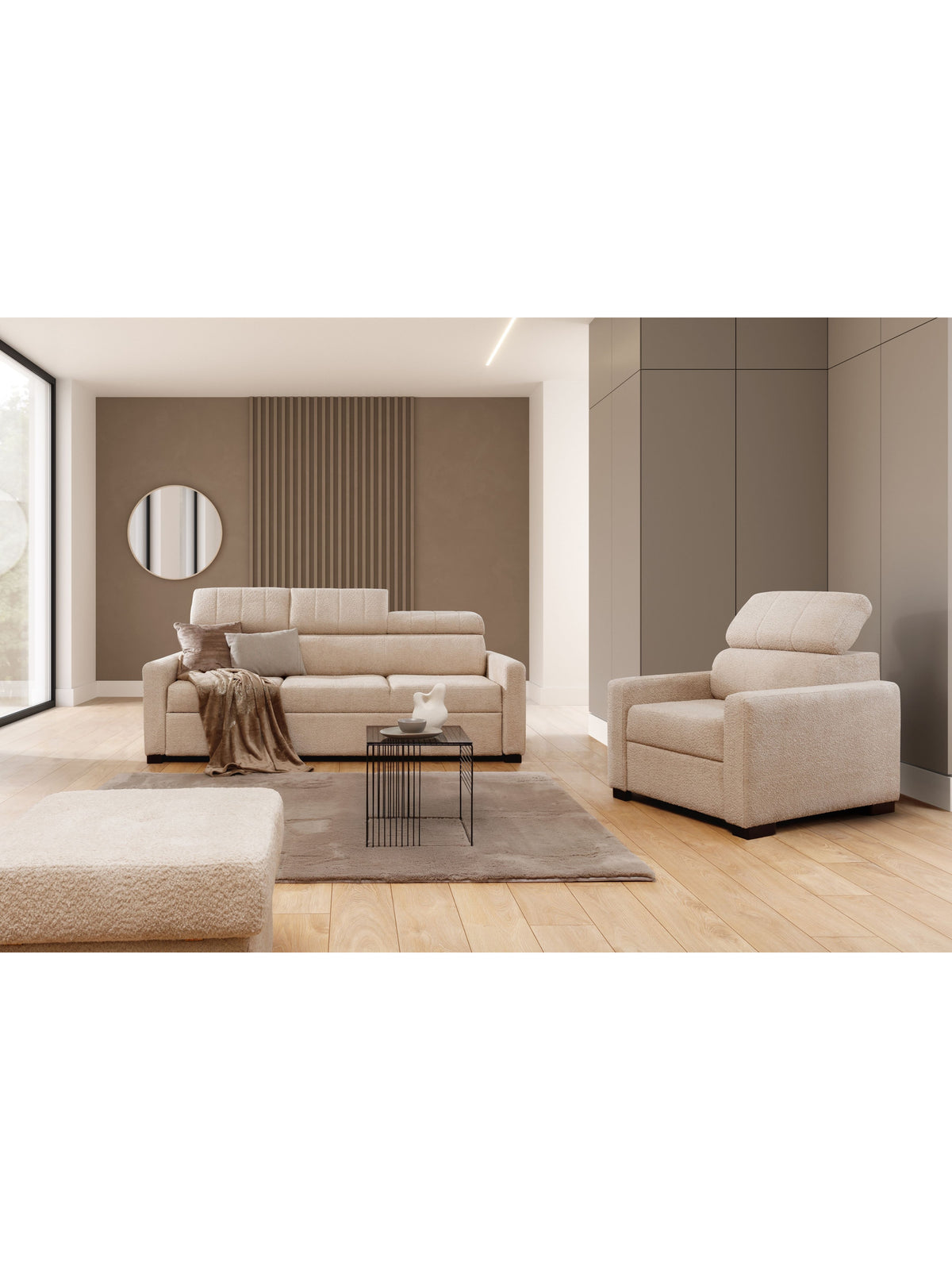 Sofa trzyosobowa Taremo z funkcją spania, regulowane zagłówki, kolor beżowy, nóżki wenge