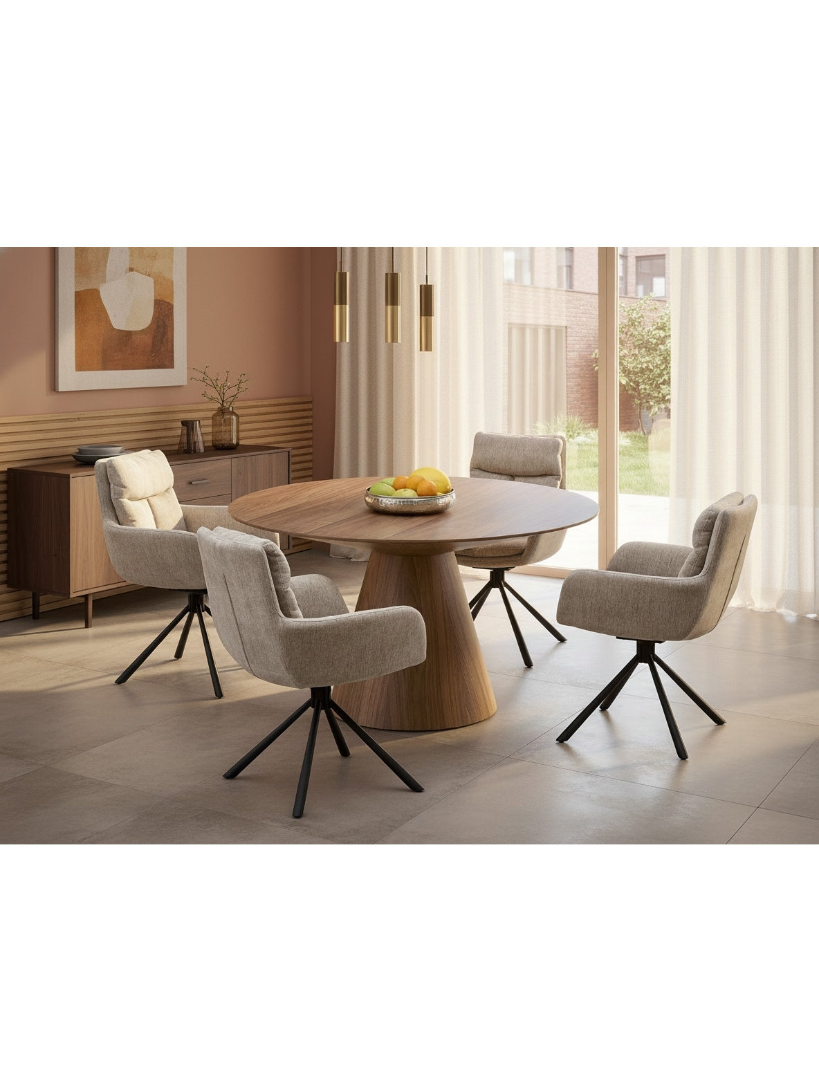 Okrúhly stôl Doran 136 cm orechový, MDF doska, Mid-Century Modern štýl