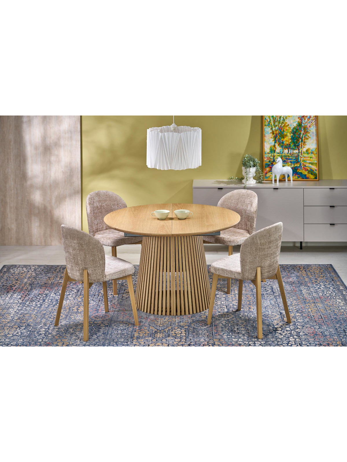 Rozkladací okrúhly stôl Brevon 120-210x120 cm prírodný dub s dekoratívnym podstavcom
