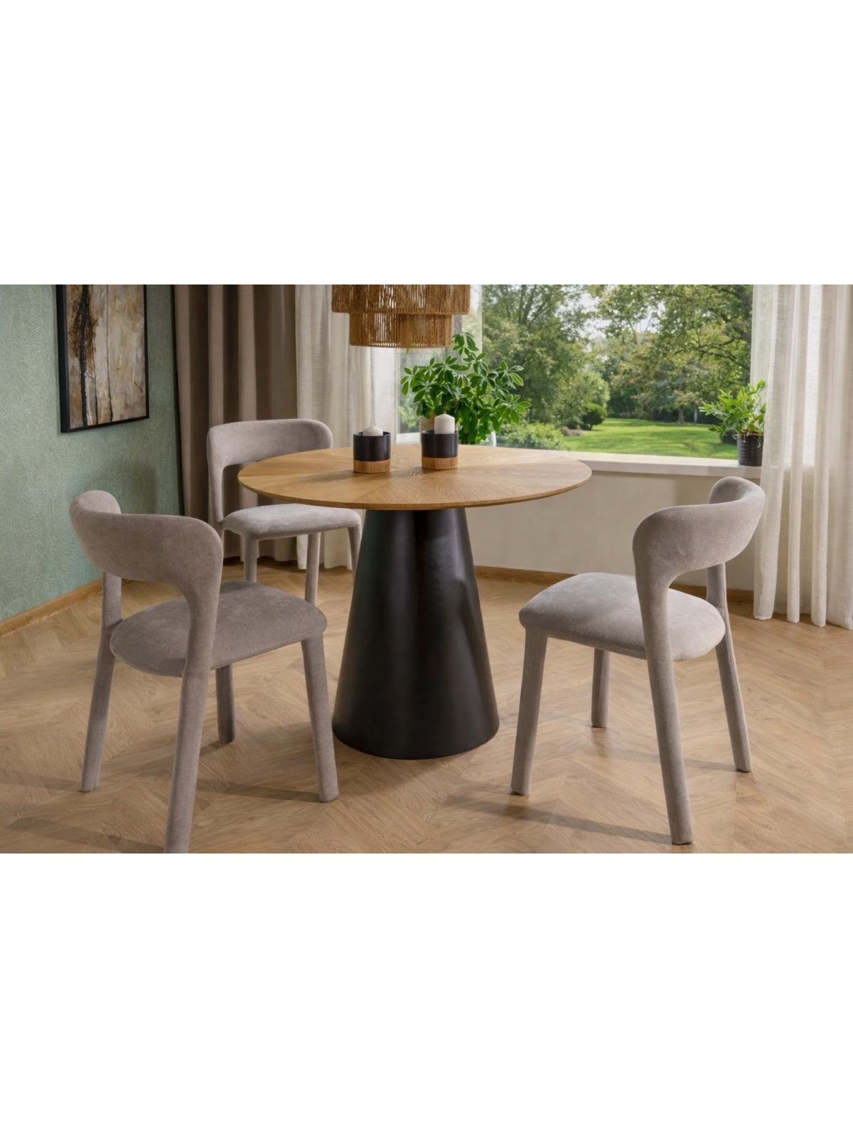 Okrúhly stôl Lureno 120 cm s dubovou doskou a čiernou základňou, celkový pohľad