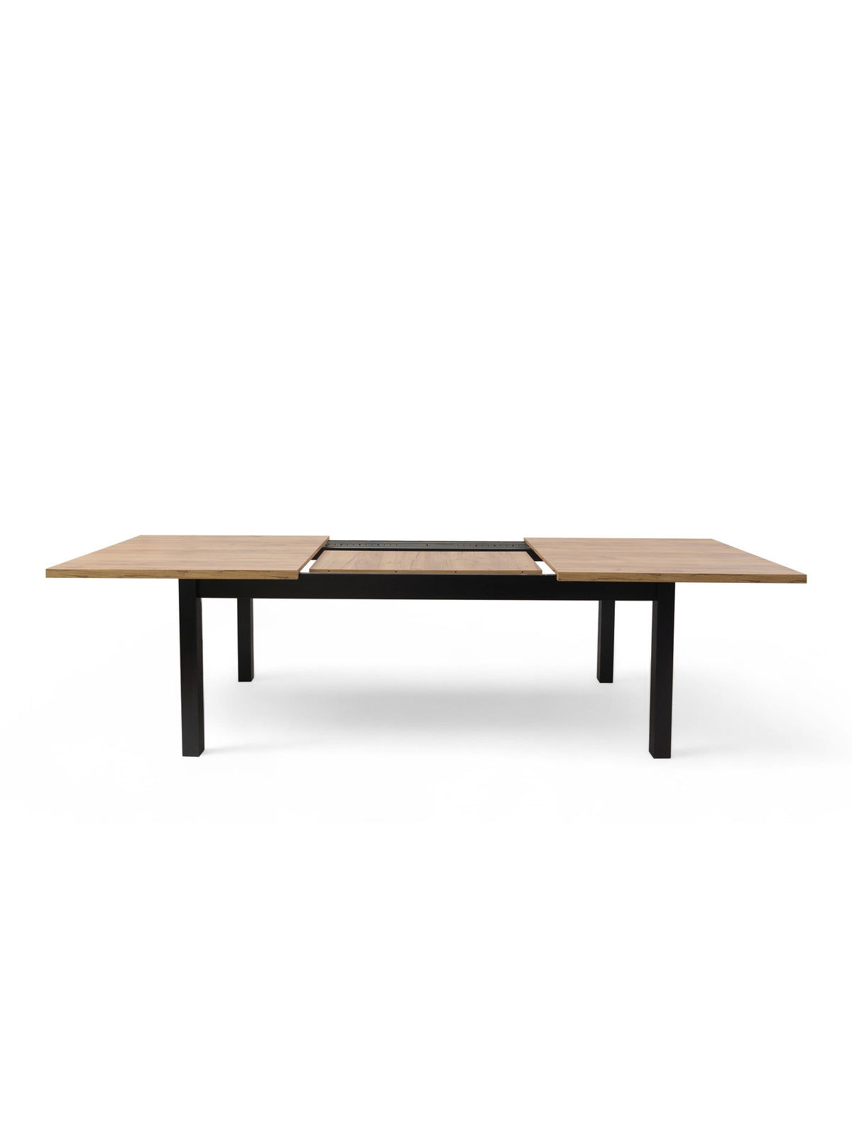 Stół rozkładany Werona 140-180x80 cm z czarnymi nogami, blat w jasnym odcieniu, widok na mechanizm rozsuwania