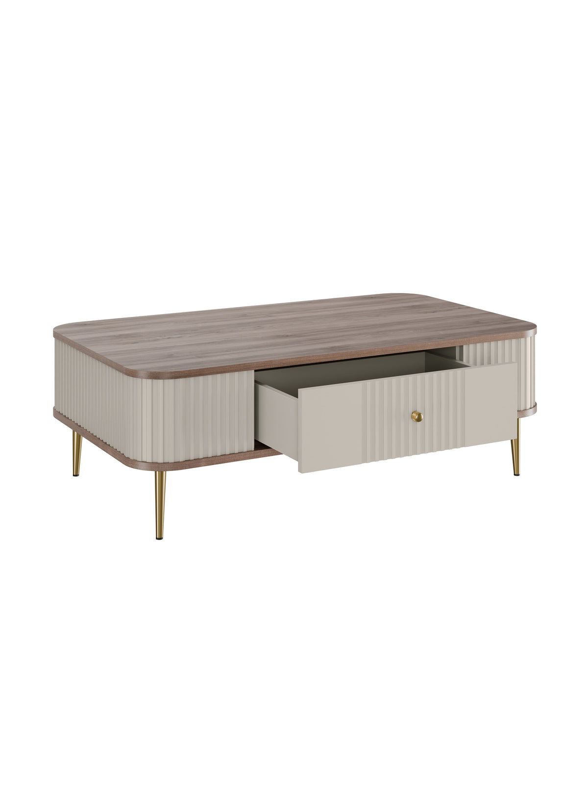 Konferenčný stolík Vesper 103x60 cm cashmere s zásuvkou a zlatými nohami bočný pohľad
