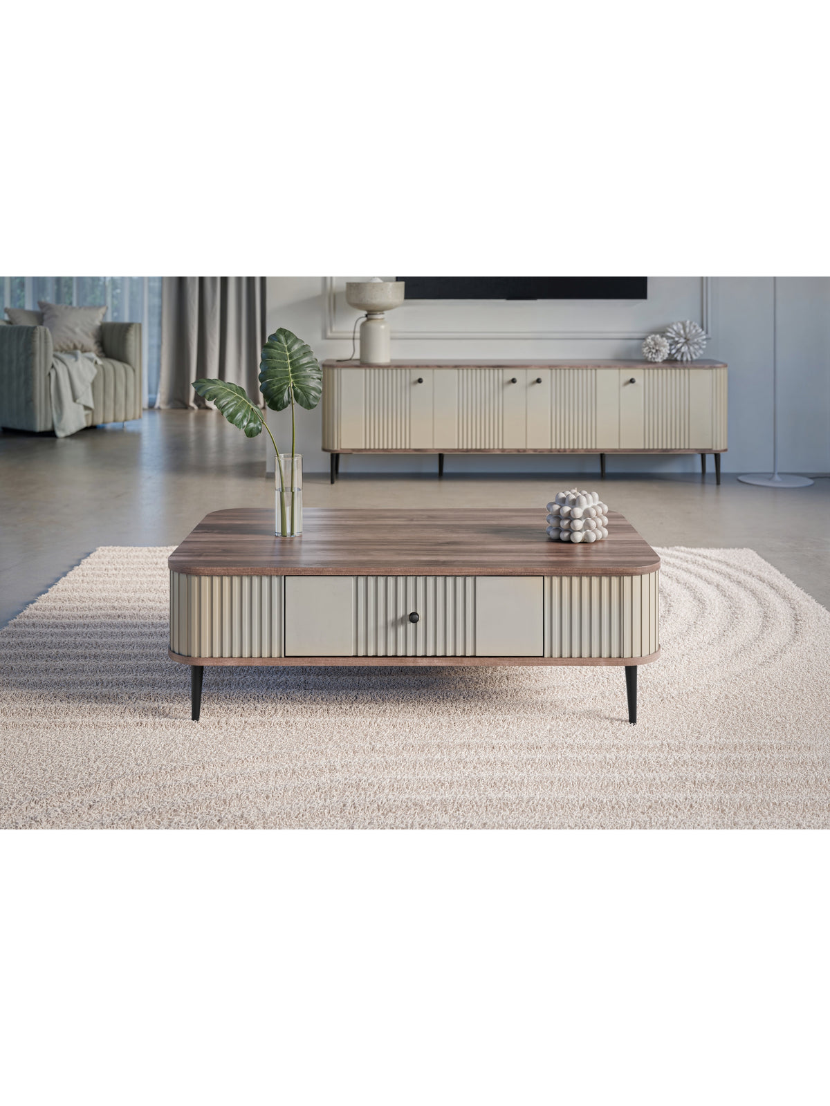 Konferenčný stolík Vesper 103x60 cm v kasmírovej a orechovej farbe s čiernymi nohami a zásuvkou