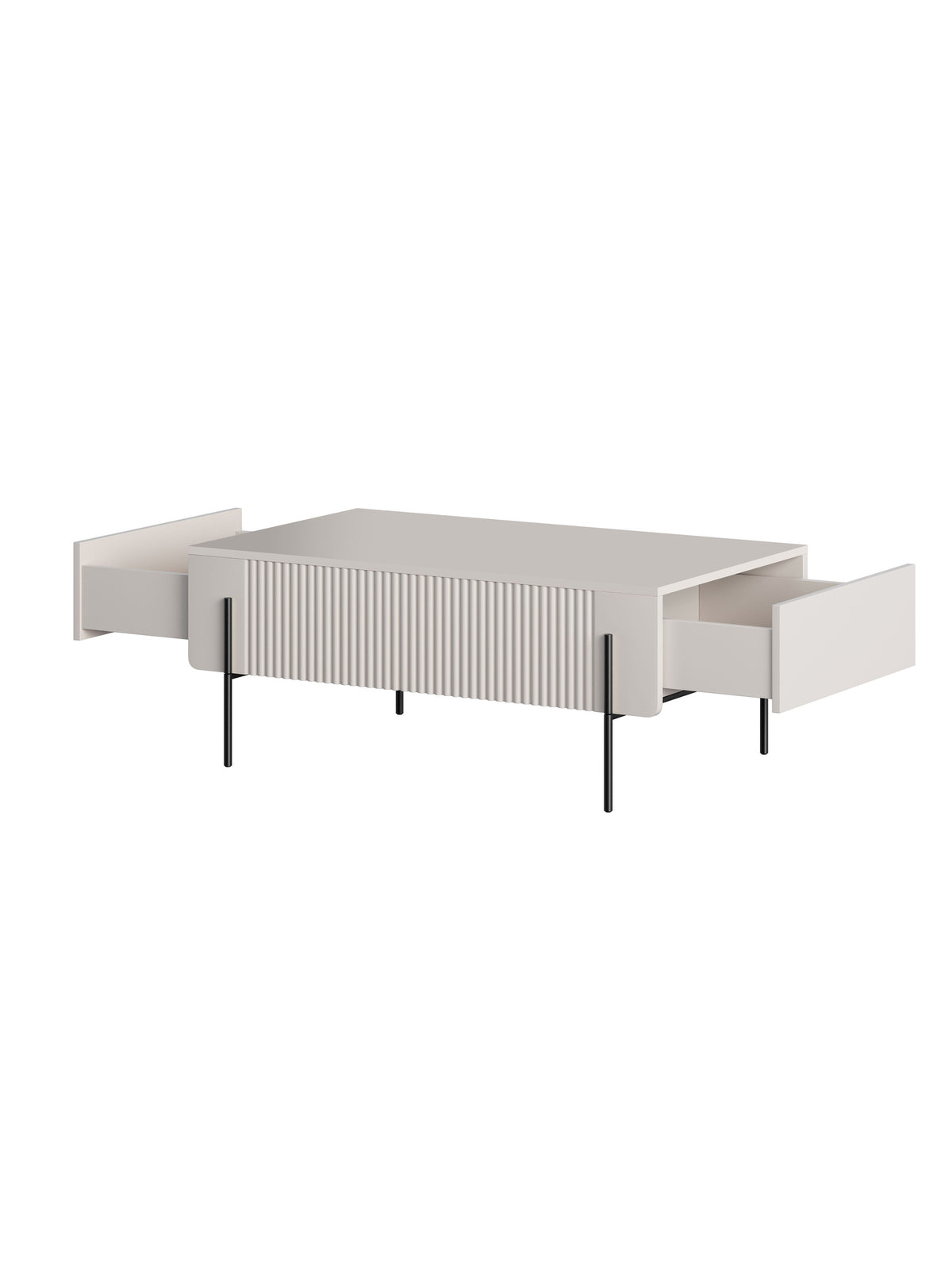 Konferenčný stolík Malmi 100 cm s zásuvkami kašmír, čierne kovové nožičky, ryhovaný predný panel
