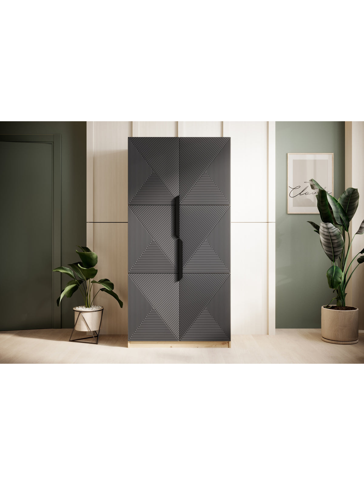 Skriňa Asha 100 cm s frézovaným frontom i metalowymi uchwytami- artisan / rivier stone mat / čierny úchyty
