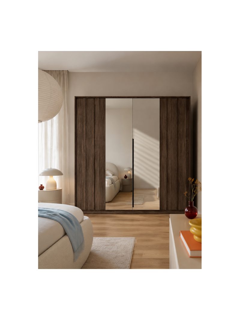 Skriňa Flaro 223 cm s LED osvetlením v farbe dub dunin so zrkadlom na dverách