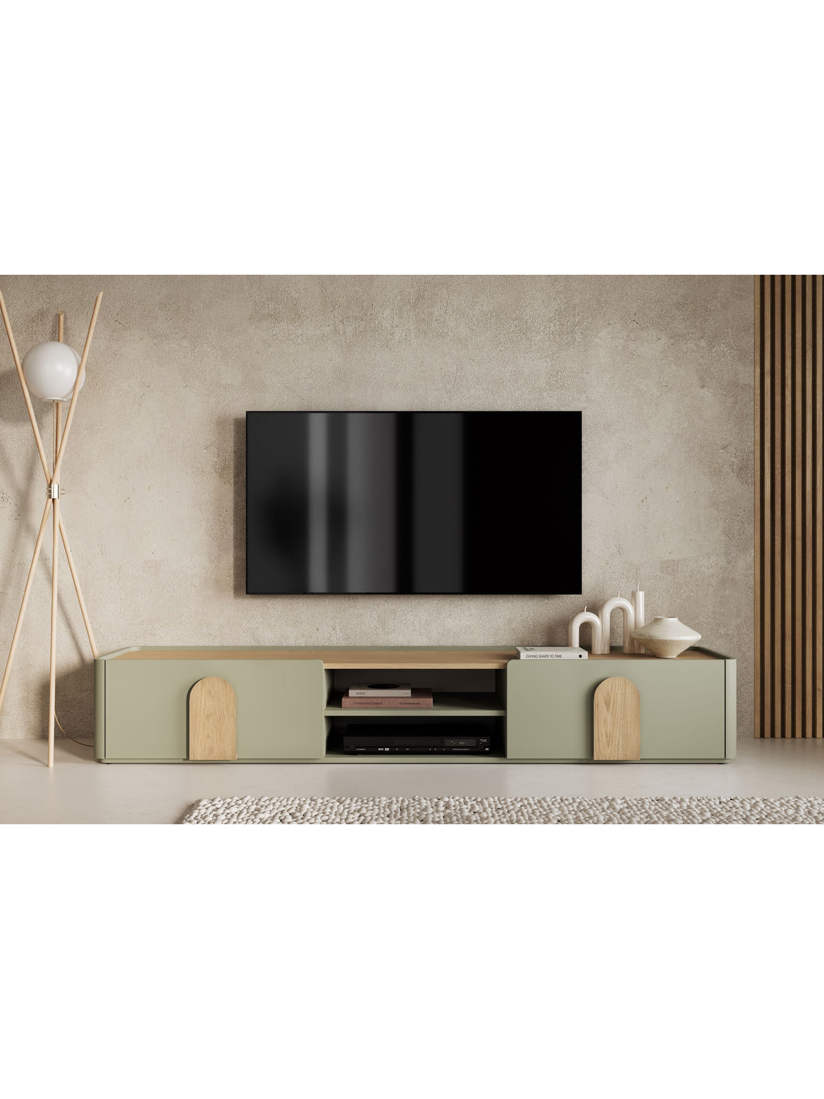 TV skrinka Amilio 220 cm so zásuvkou v eukalyptovom prevedení s doskou dub baltic dune