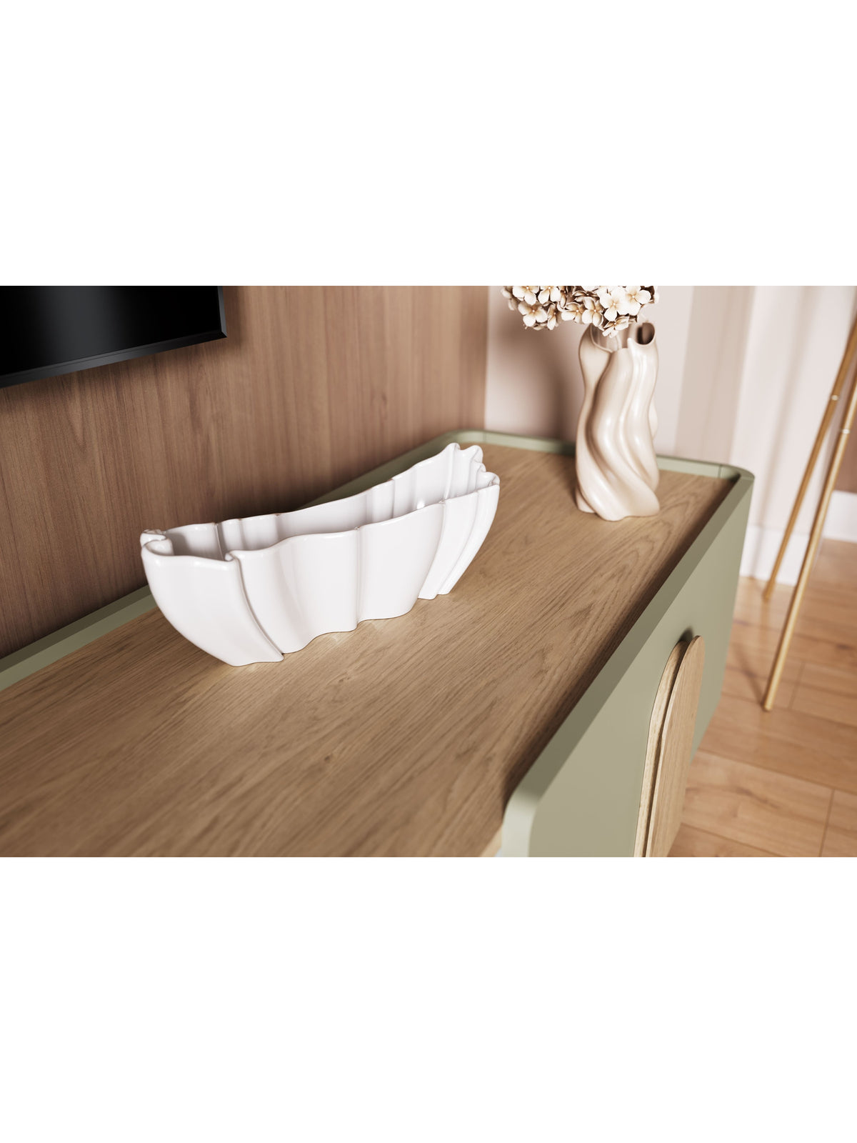 RTV skrinka Amilio 220 cm s zásuvkou olivovej farby s doskou dub baltic dune, detail dosky a úchytu