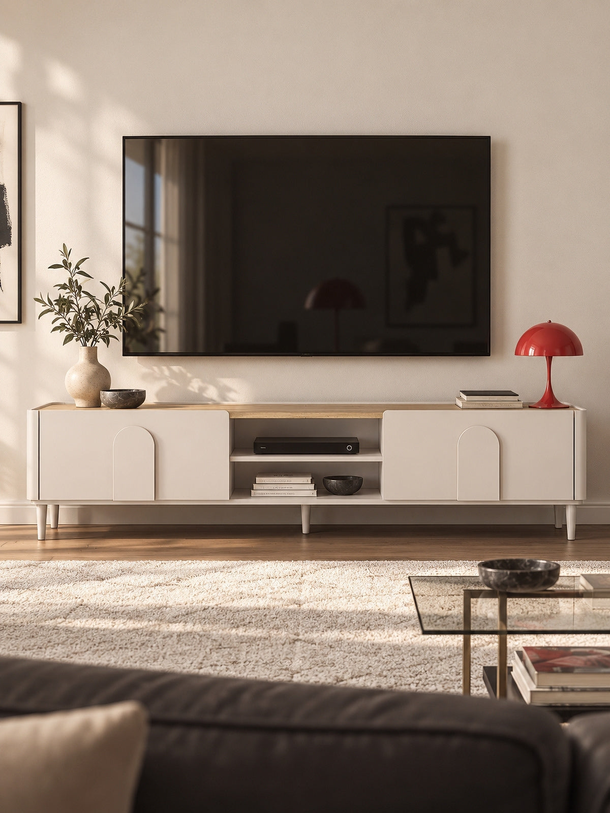 TV skrinka Amilio 220 cm z szuflada na nôžkach - kašmír / Dub olejowany / úchyty kašmír