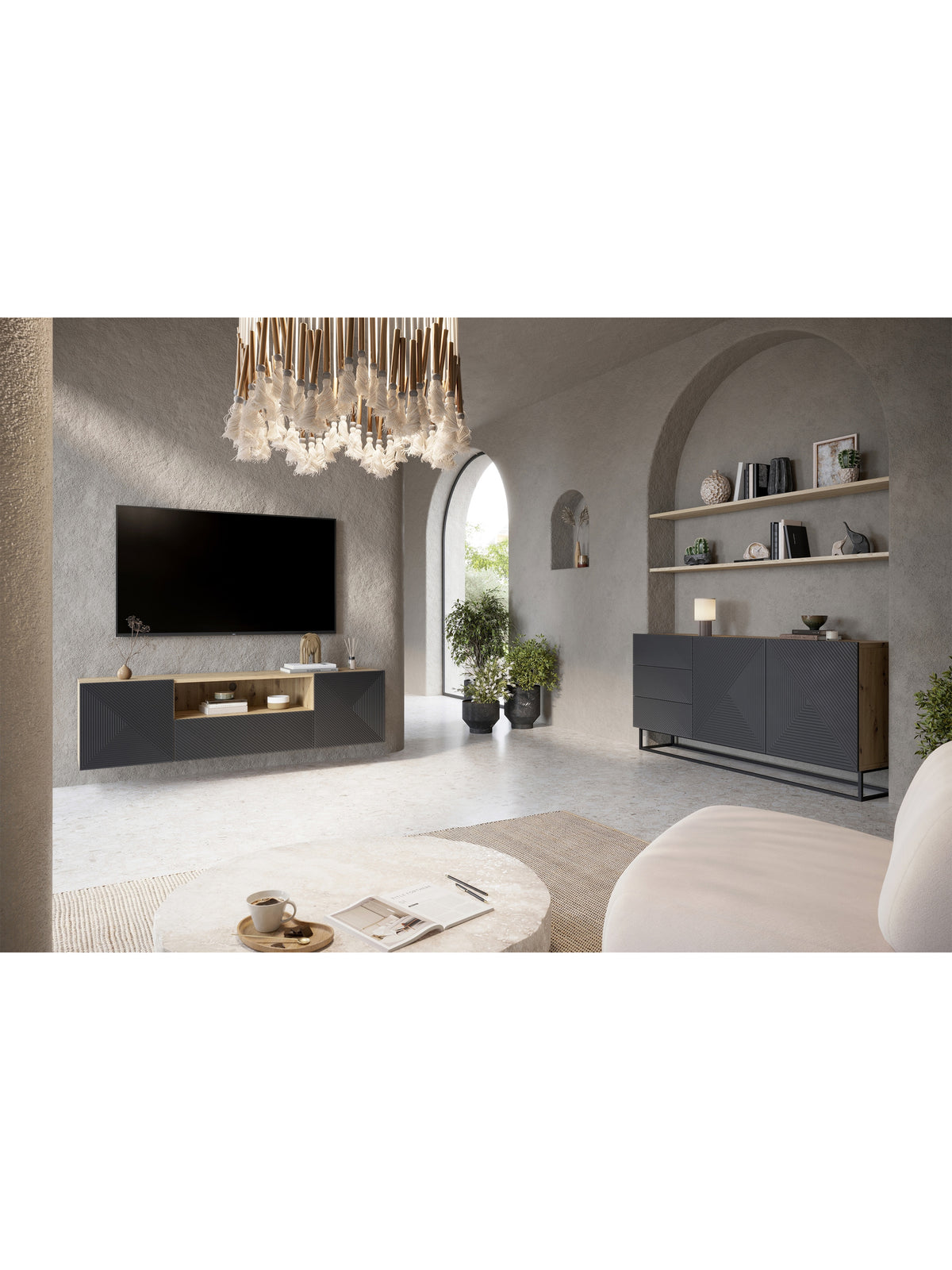 TV skrinka Asha 167 cm závesná z szuflada i wneka - artisan / rivier stone mat