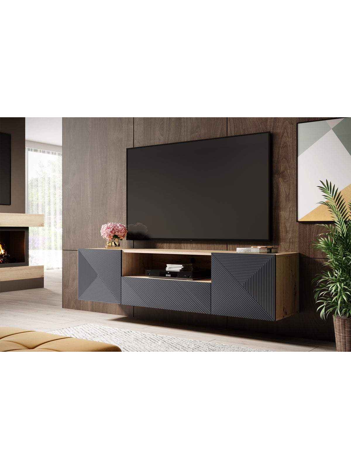 TV skrinka Asha 167 cm závesná z szuflada i wneka - artisan / rivier stone mat