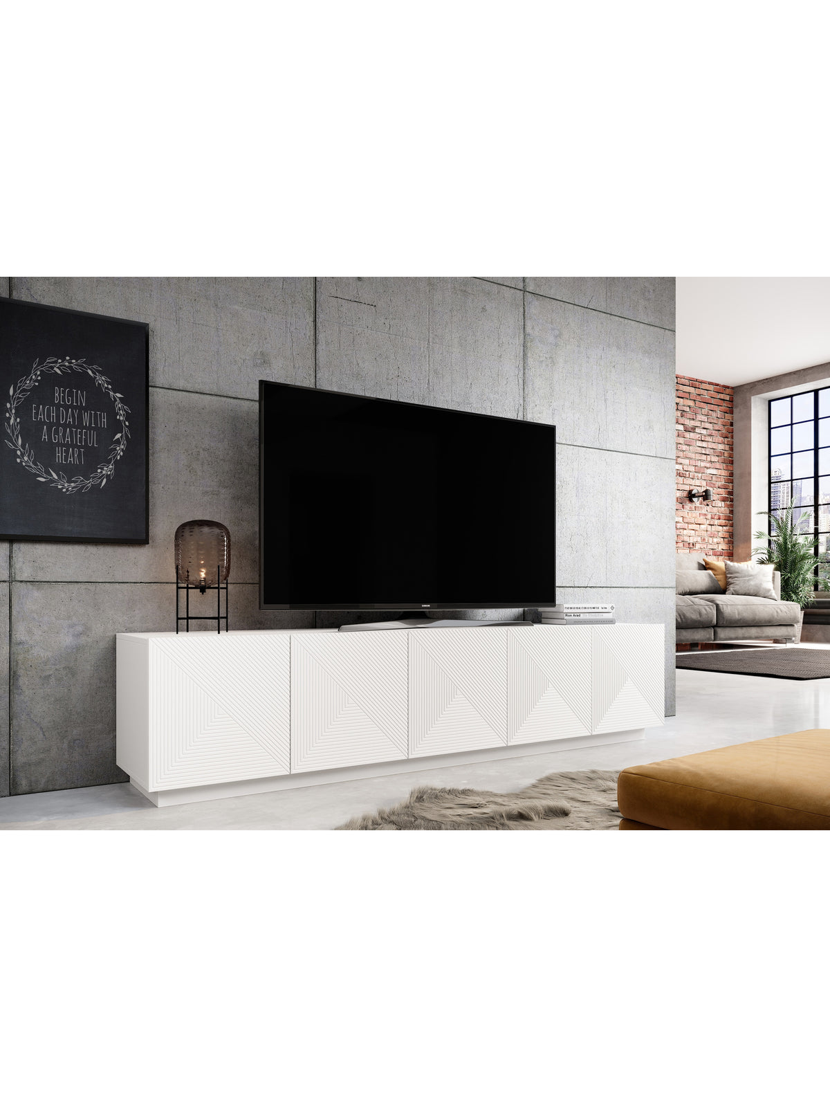 TV skrinka Asha 200 cm päťdverová s ryhovaným matným bielym frontom