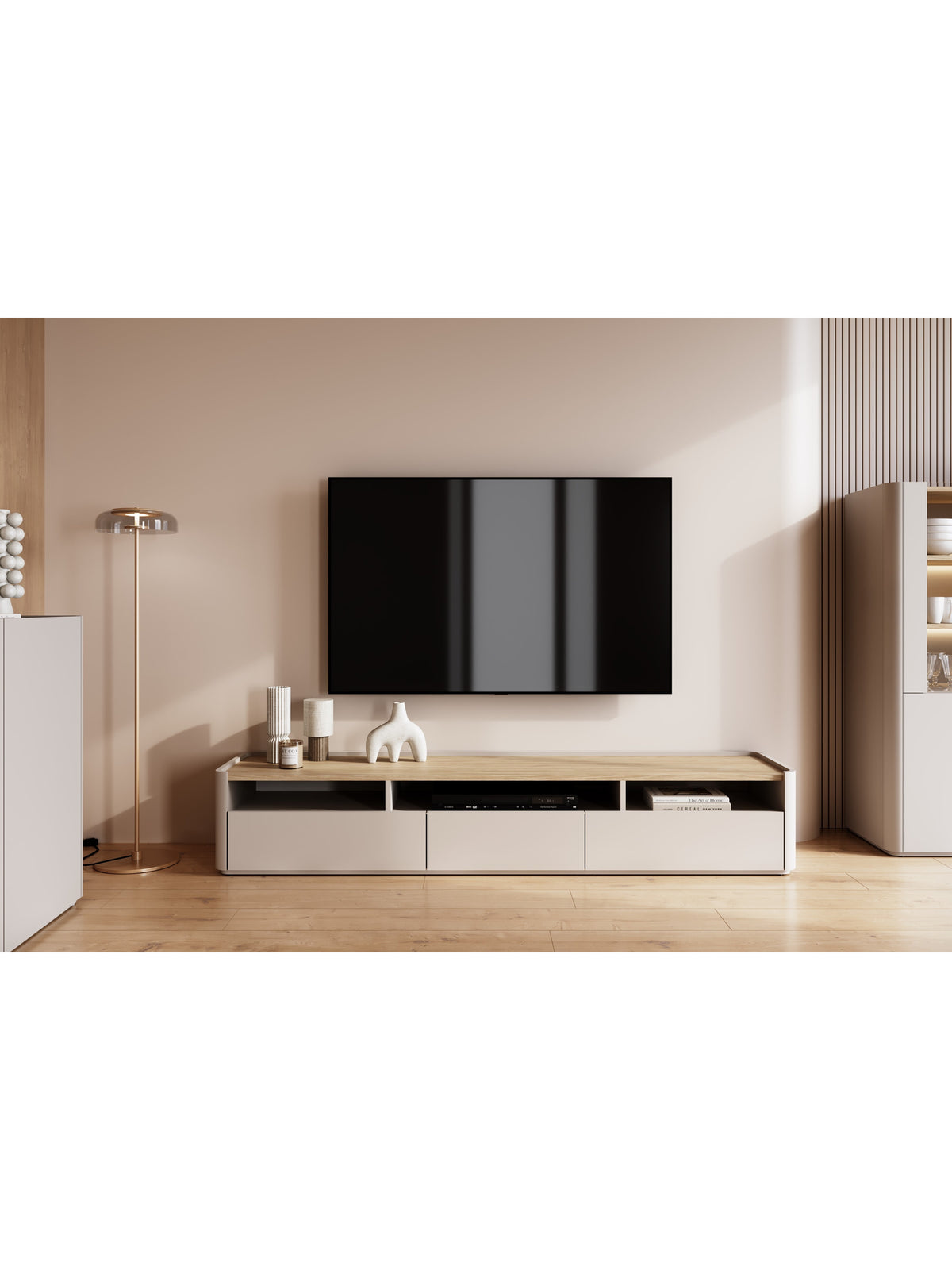 RTV skrinka Elivo 200 cm kašmír s olejovanou dubovou doskou, pohľad spredu s dvoma zásuvkami