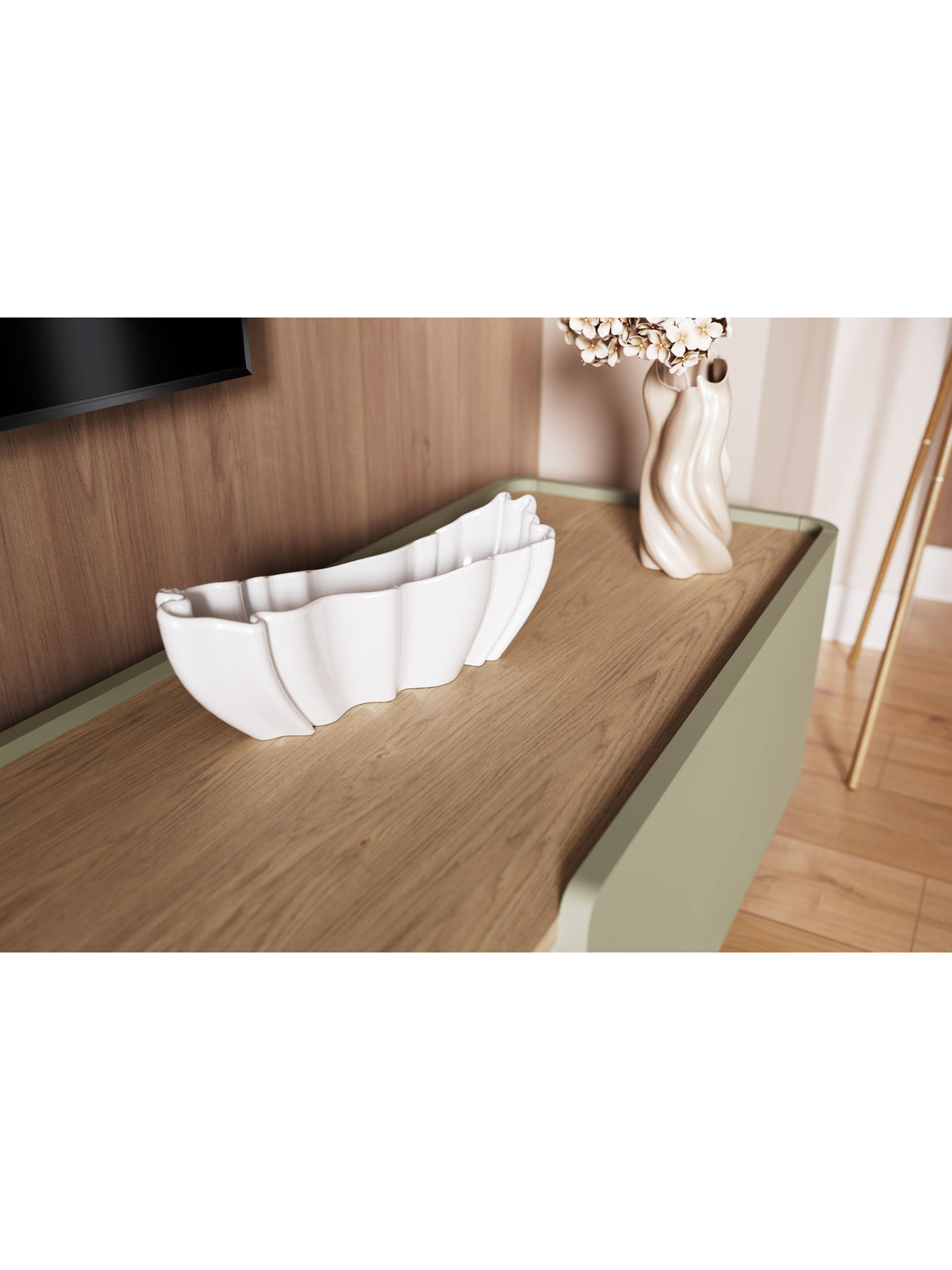 RTV skrinka Elivo 220 cm v eukalyptovej farbe s doskou dąb baltic dune, detail dosky