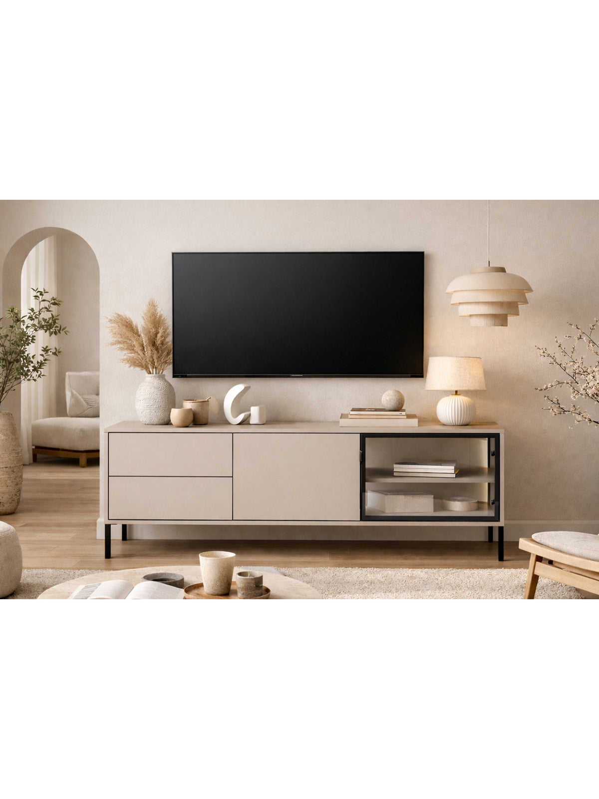 TV skrinka Harmona 160 cm cashmere s 2 zásuvkami, 2 dverami a LED osvetlením