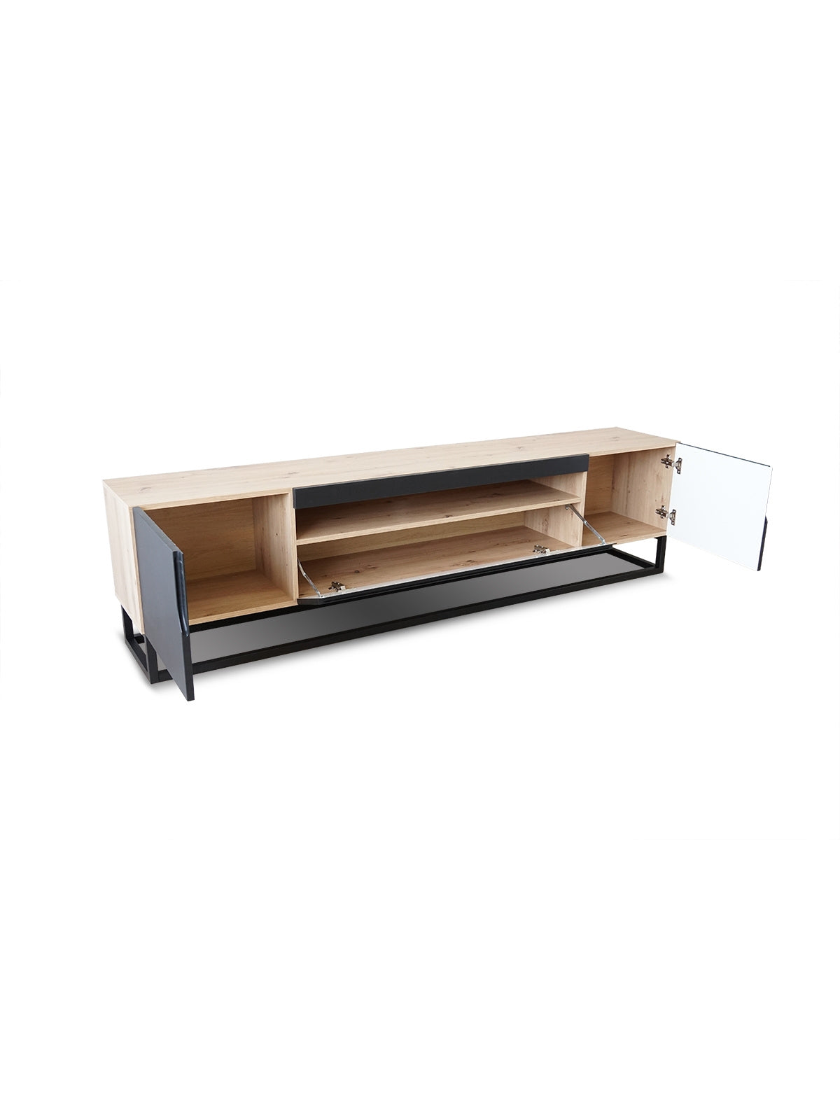 TV skrinka Loftia 200 cm s výklenkom, čierny mat, ryhovaný predný panel, kovový rám