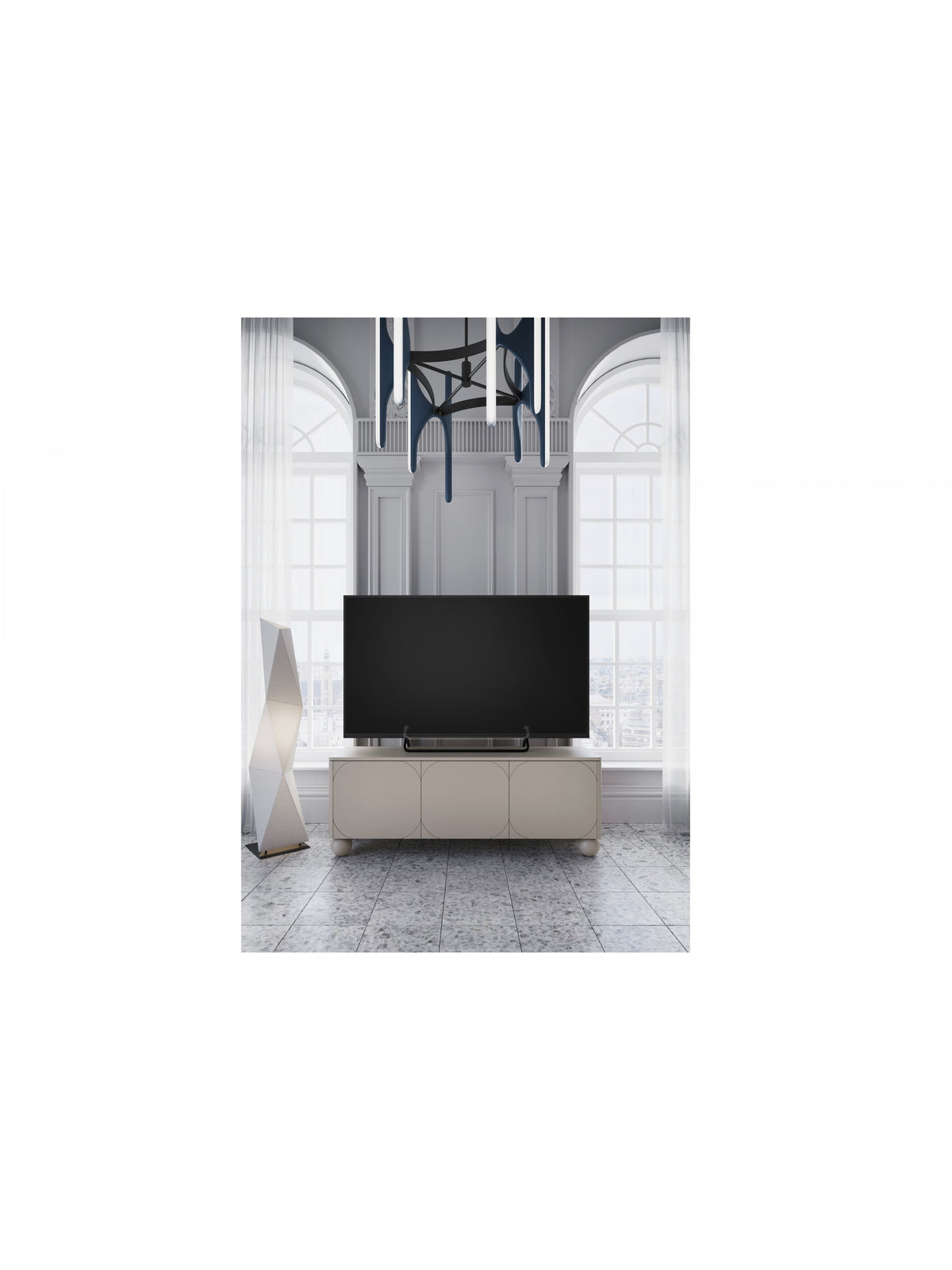 TV stolík Sonatia II 150 cm kašmírový, trojdverový s ukrytou zásuvkou, pohľad spredu