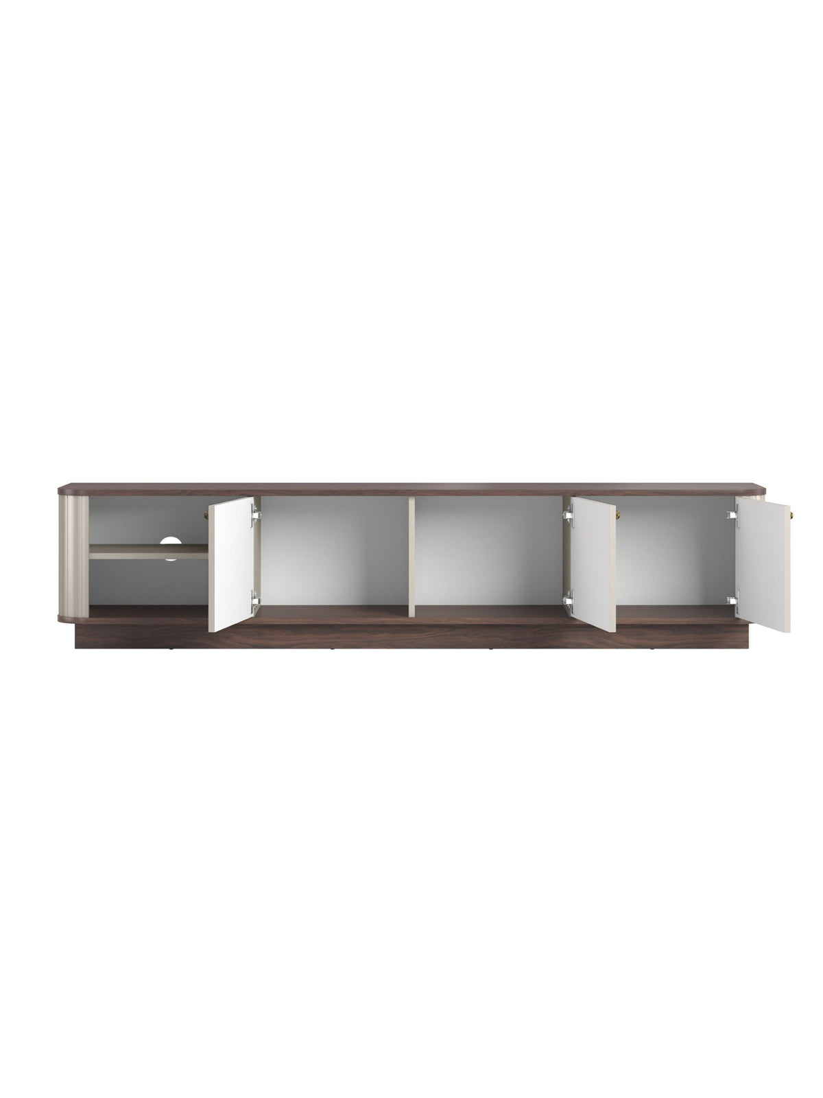 Szafka RTV Vesper 3D 187 cm w kolorze kaszmir z blatem orzech i złotymi uchwytami