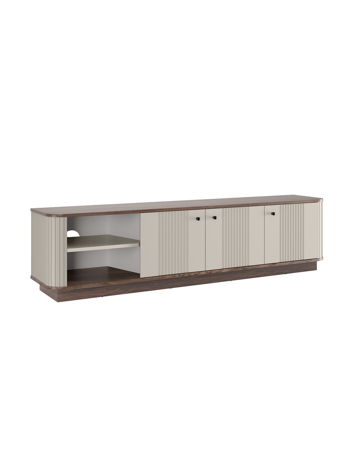 RTV skrinka Vesper 3D 187 cm v kašmírovom prevedení s orechovou doskou a čiernymi úchytmi, ryhovaný predný panel, pohľad zľava