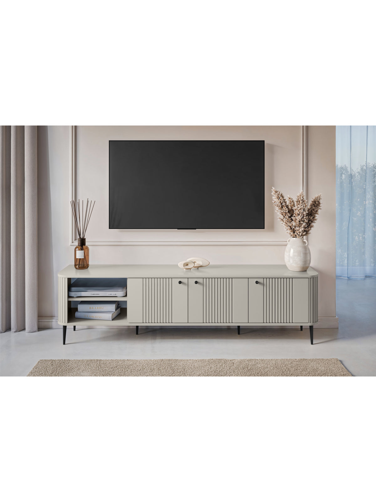 RTV skrinka Vesper 3D 187 cm kašmír so čiernymi kovovými nohami, ryhovaný front