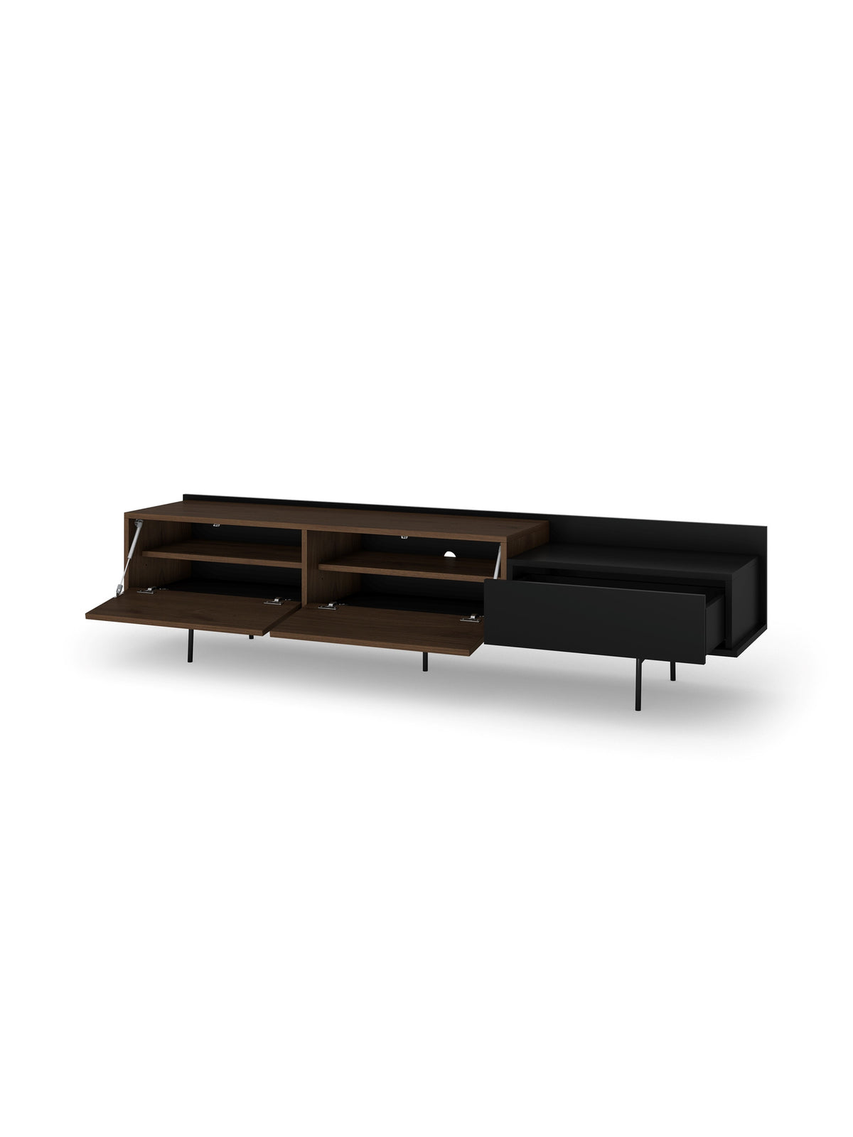 Szafka RTV Zenar 200 cm z metalowymi nogami i szufladą - orzech elegant / czarny