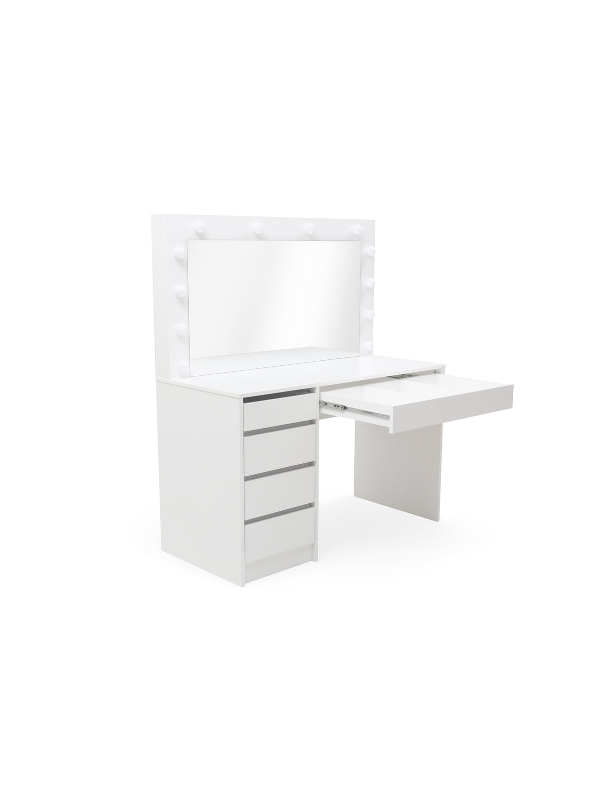 Biely toaletný stolík Velinio XL 120 cm s 5 zásuvkami, LED osvetlením a zrkadlom