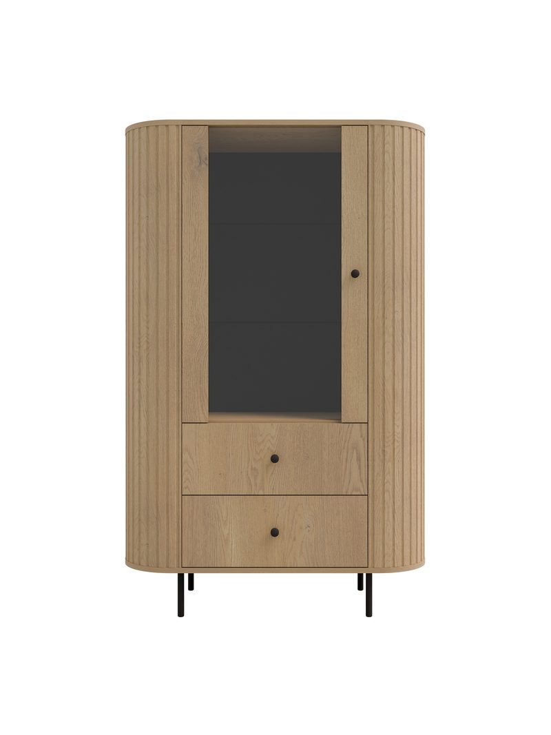 Vitrína Lento 98 cm dub cremona s čiernymi nohami a dvoma zásuvkami sklenený predný panel