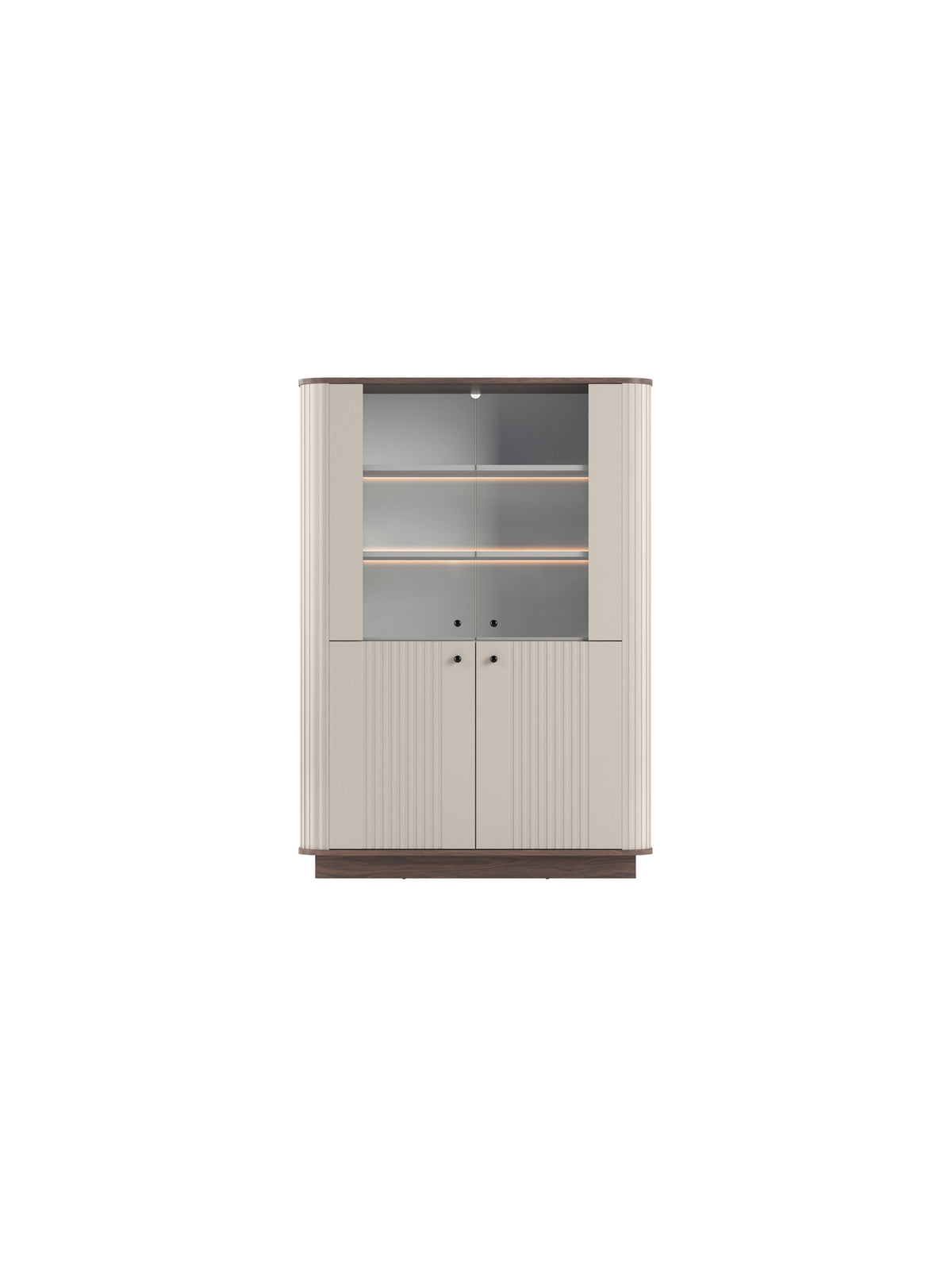 Witryna Vesper 103 cm czterodrzwiowa kaszmir z orzechowym blatem i czarnymi uchwytami