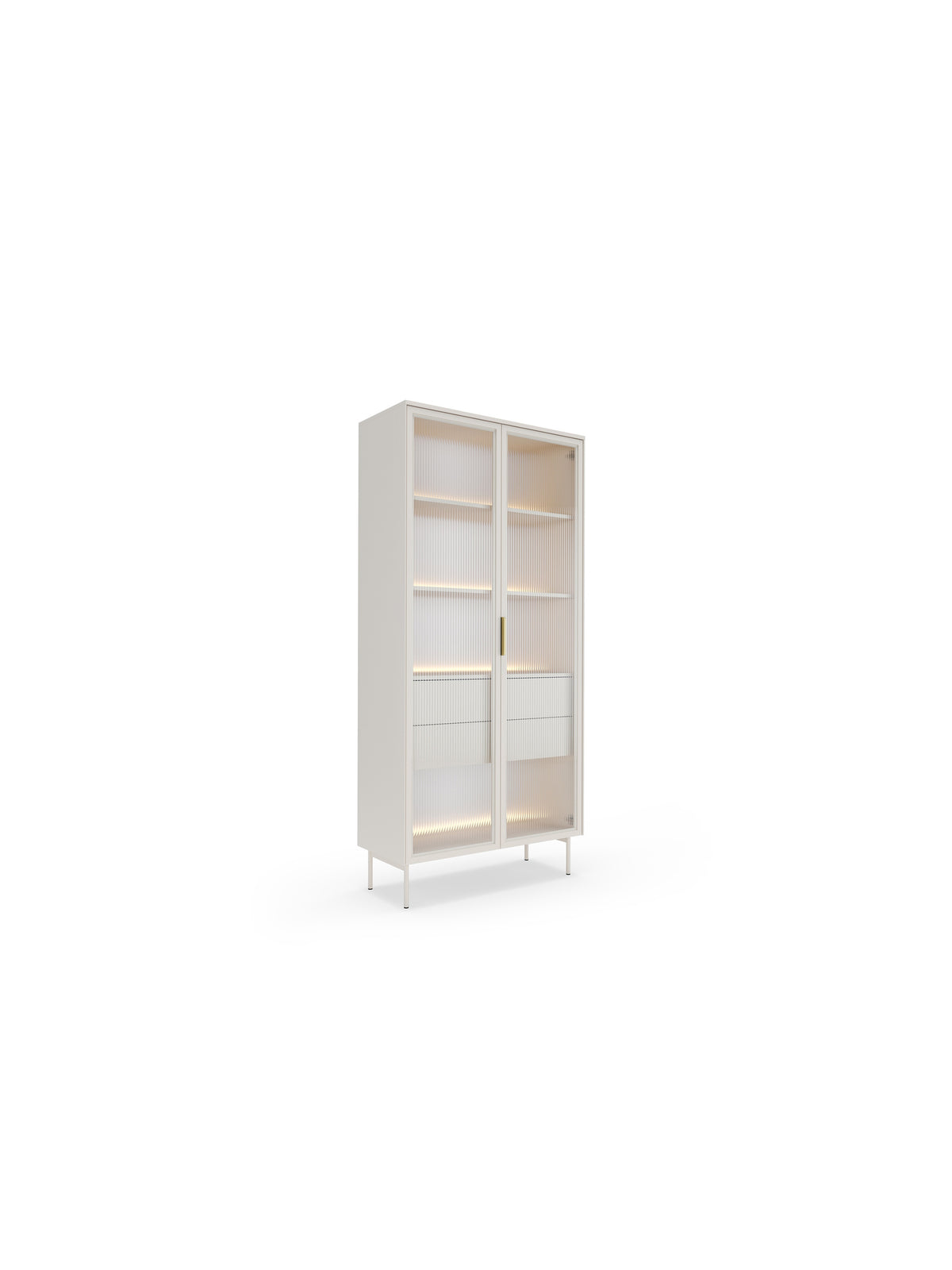 Vysoká vitrína Auri 91 cm cashmere s LED osvetlením, s dvomi dverami a zásuvkami