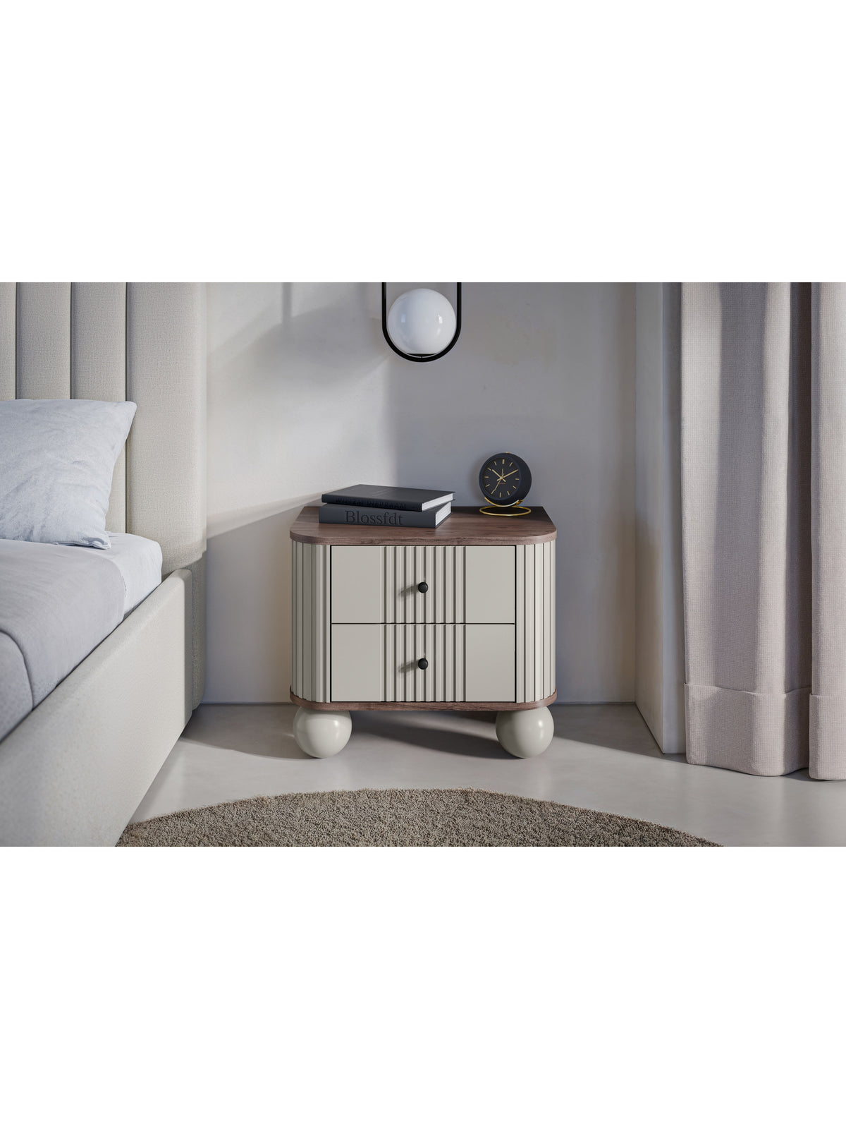 Zestaw szafek nocnych Vesper 56 cm w kolorze kaszmir z orzechowym blatem i czarnymi uchwytami