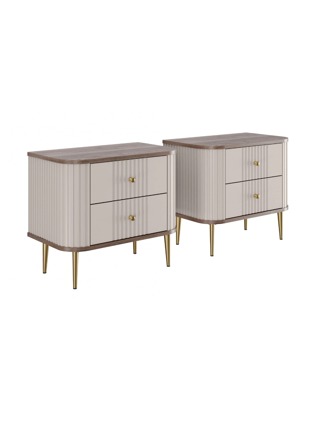 Zestaw szafek nocnych Vesper 56 cm kaszmir z orzechem i złotymi nogami, 2 szuflady