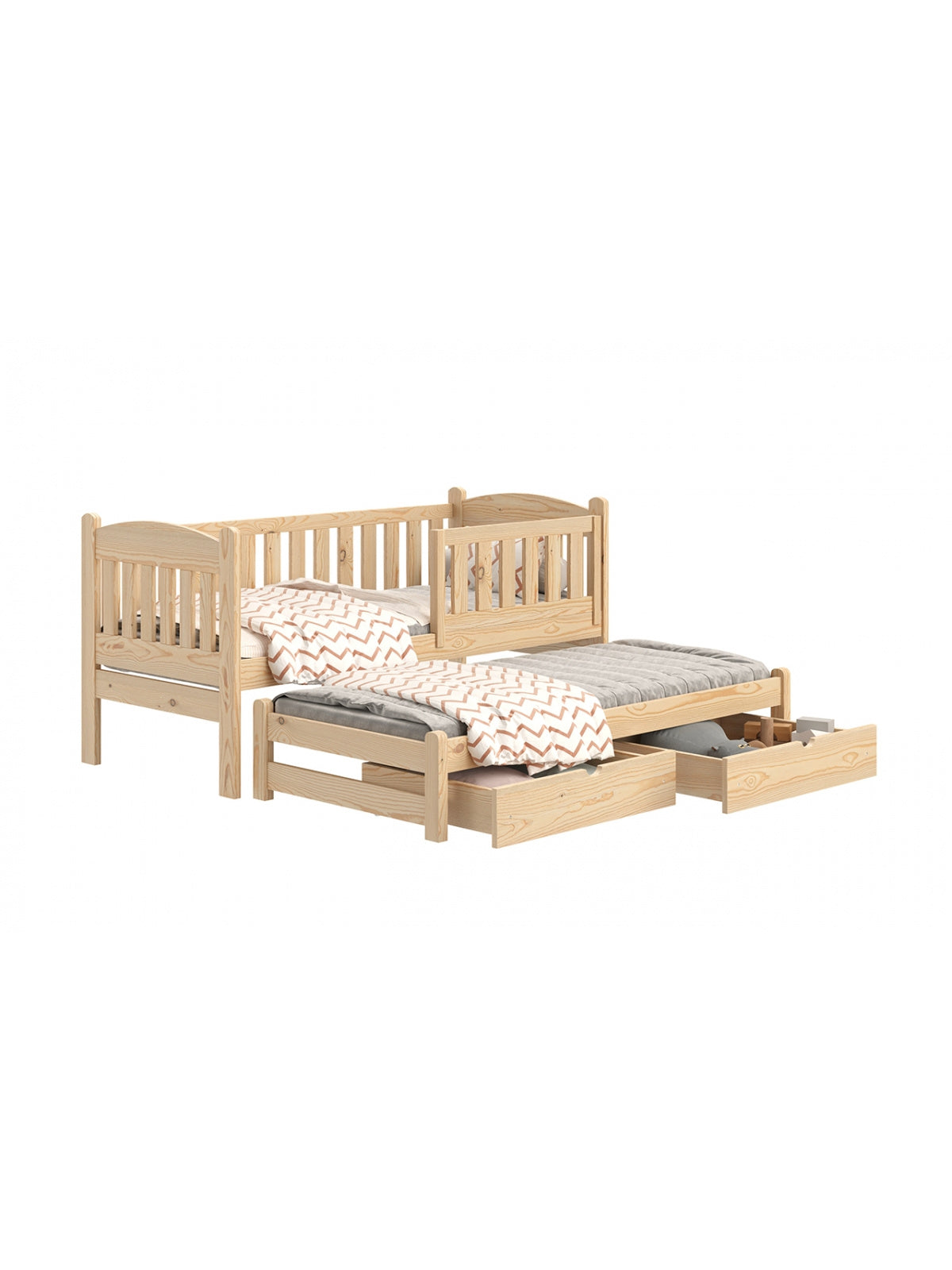 Detská posteľ Alvins s výsuvnými zásuvkami, borovicová, 90x200 cm, nízka posteľ