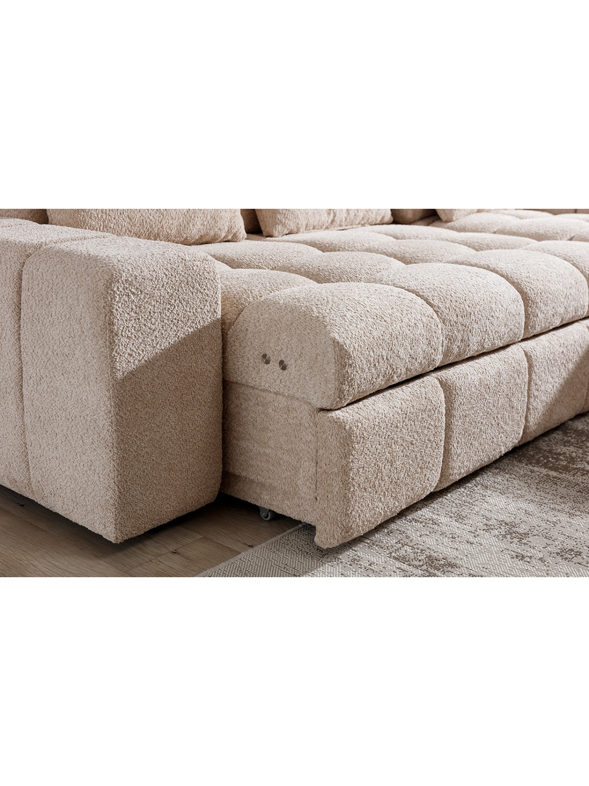 Rohová sedačka Magnelio Mini béžová bouclé s funkciou spania, pravá strana detail
