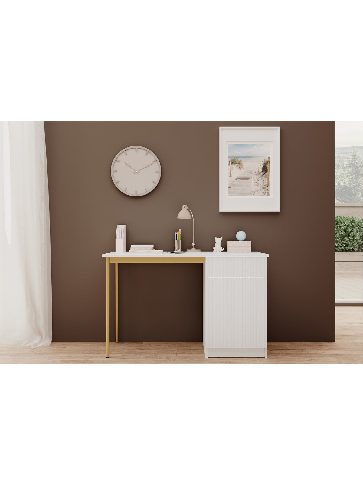 Písací stôl Nicole 120 cm z szuflada - biely mat / zlote nozki