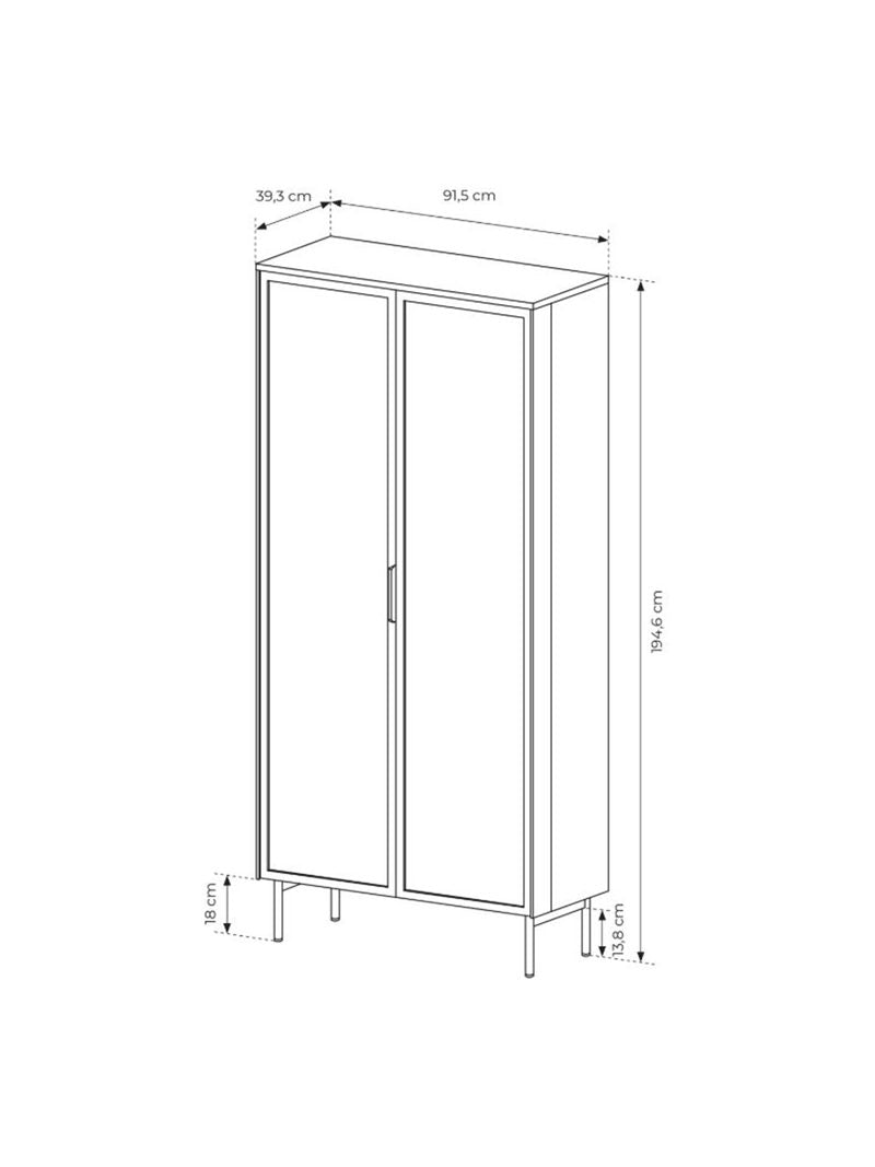 Vysoká vitrína Auri 91 cm s LED osvetlením, dub dunin a čierne kovové nohy, predný pohľad