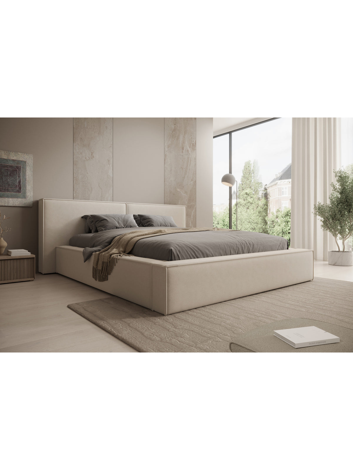 Čalúnená posteľ Molino 160x200 v svetlom velúre s úložným priestorom do spálne