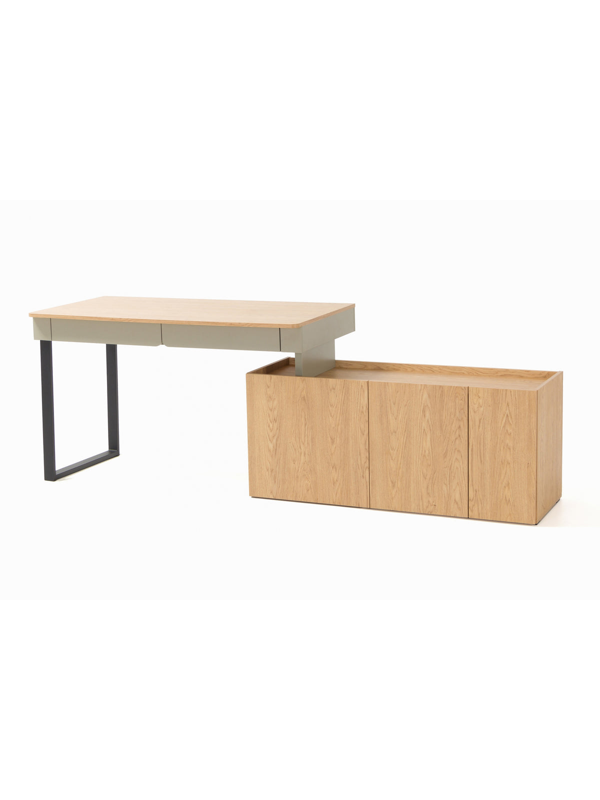 Písací stôl s komodou Altea v farbe eukalyptus a dub baltic dune, moderný dizajn, bočný pohľad