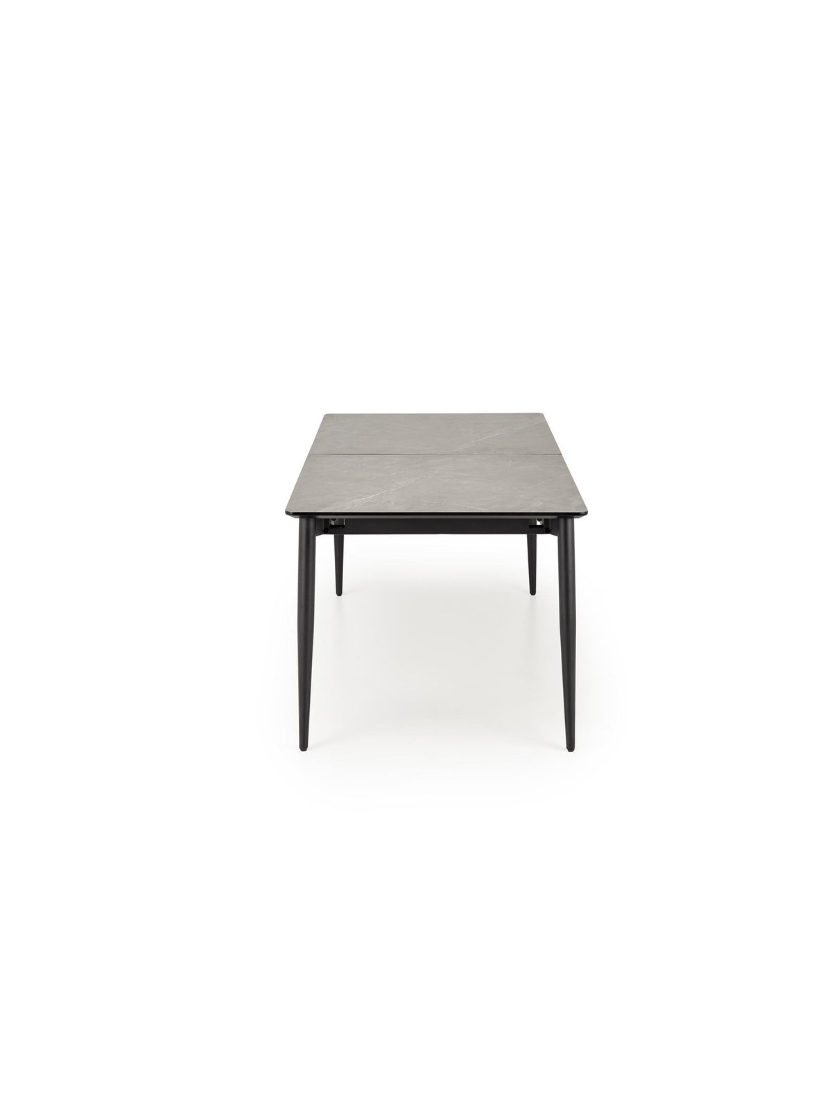 Rozkladací stôl Forge 180-260x90 cm s popelavým mramorovým vrchom a čiernymi nohami, pohľad zhora