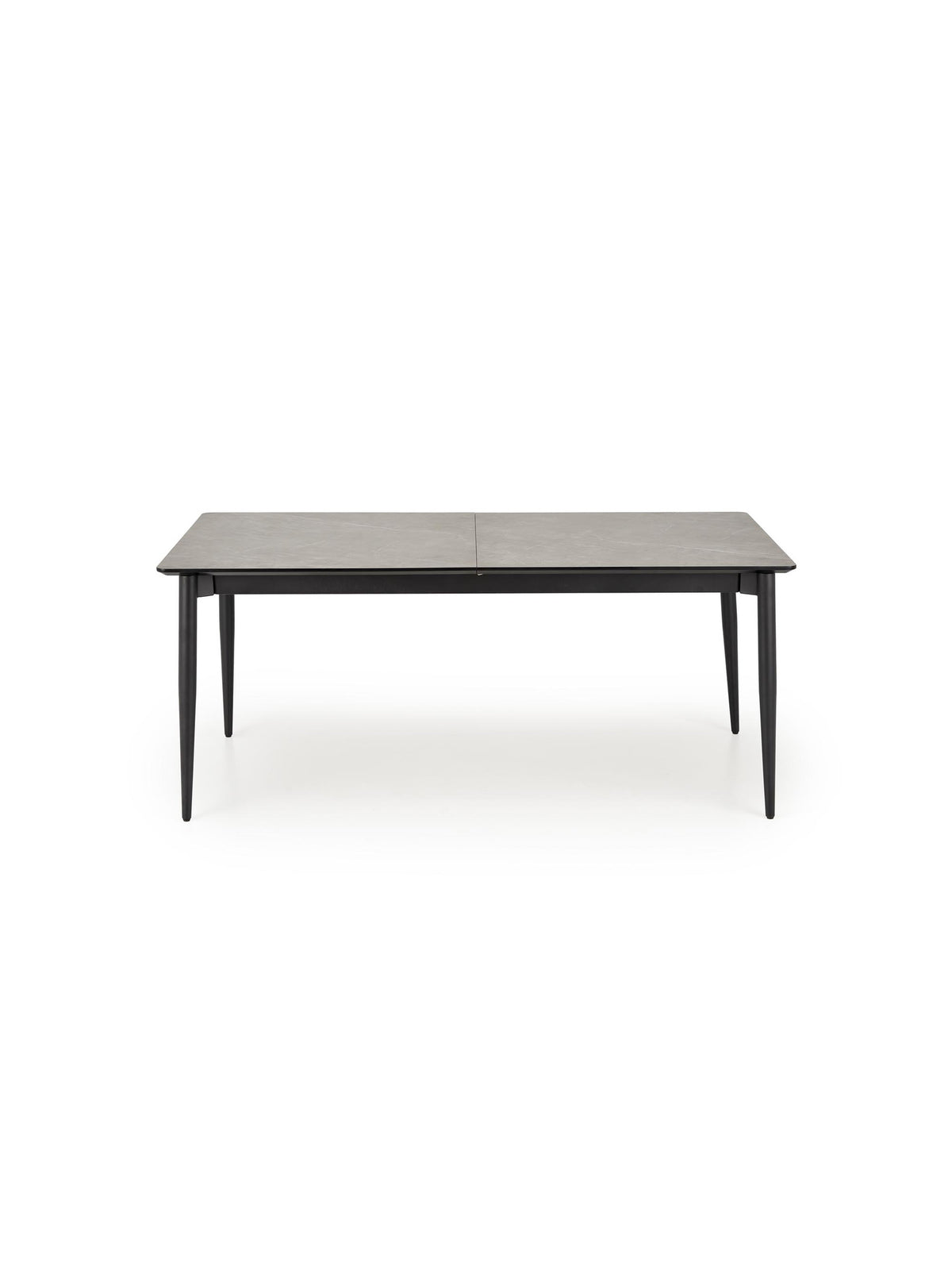 Rozkladací stôl Forge 180-260x90 cm s popolavým mramorom a čiernymi nohami, pohľad spredu