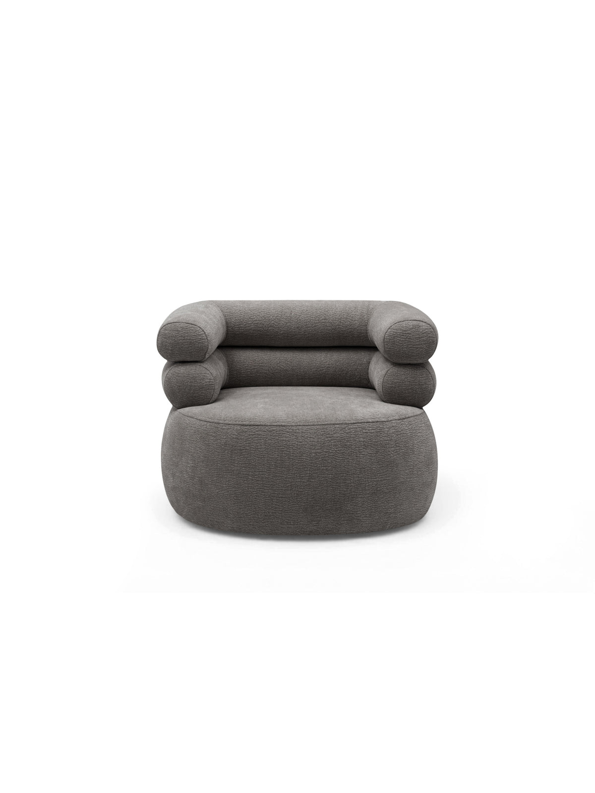 Otáčacie relaxačné kreslo Melos v sivom chenille s moderným dizajnom.
