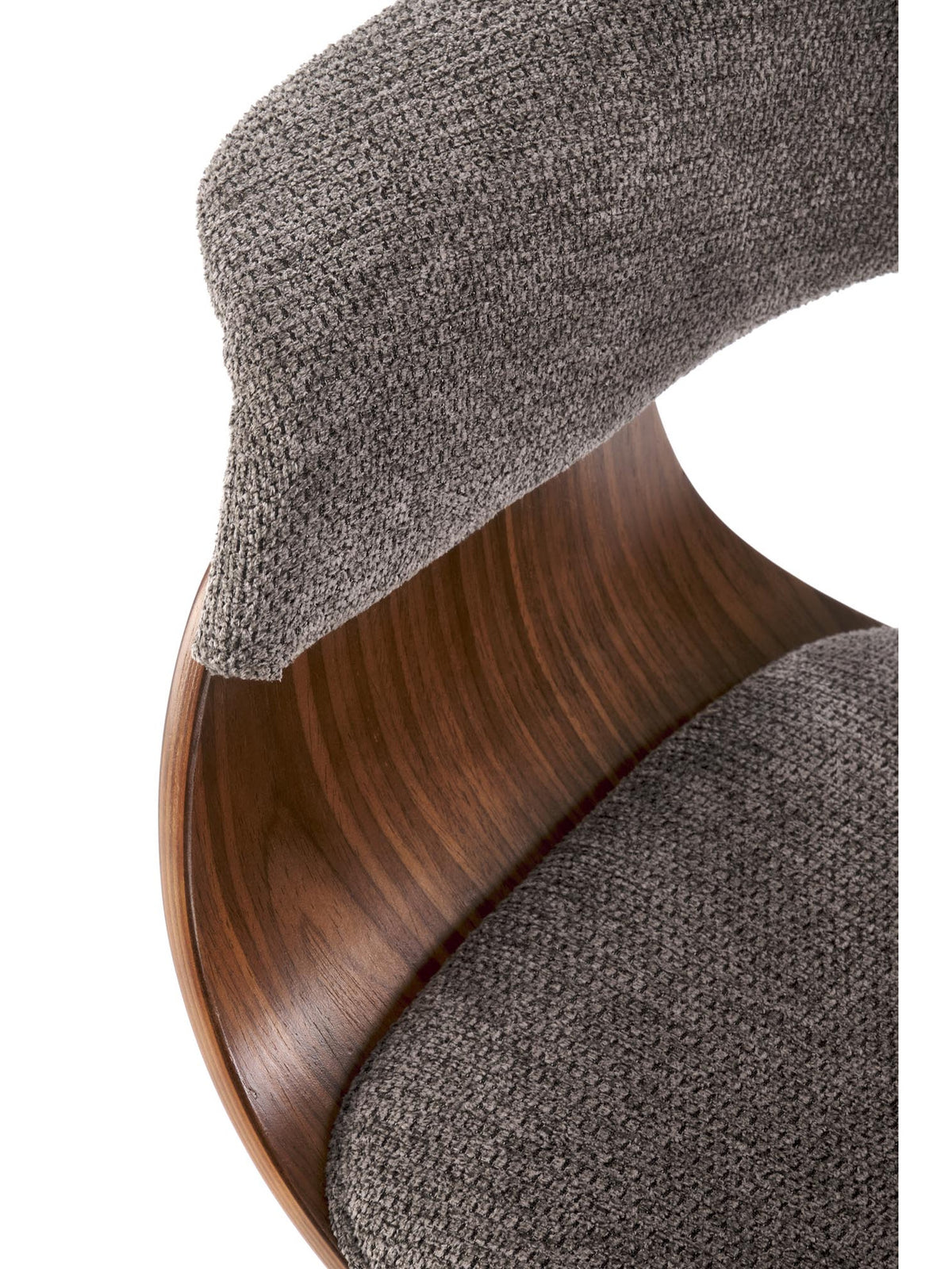 Čalúnená stolička Fioren popelavý šenil s orechovým korpusom, detail opierky a sedadla
