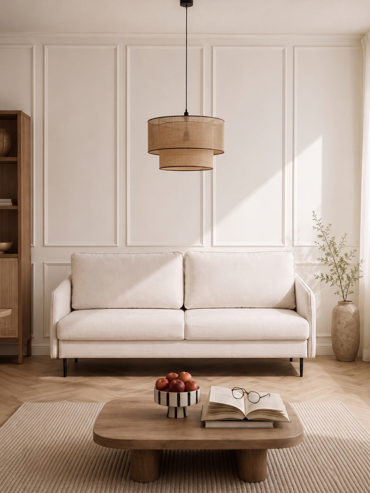 Rozkladacia pohovka Movani béžová tkanina Loft 01 s čiernymi nohami, predný pohľad