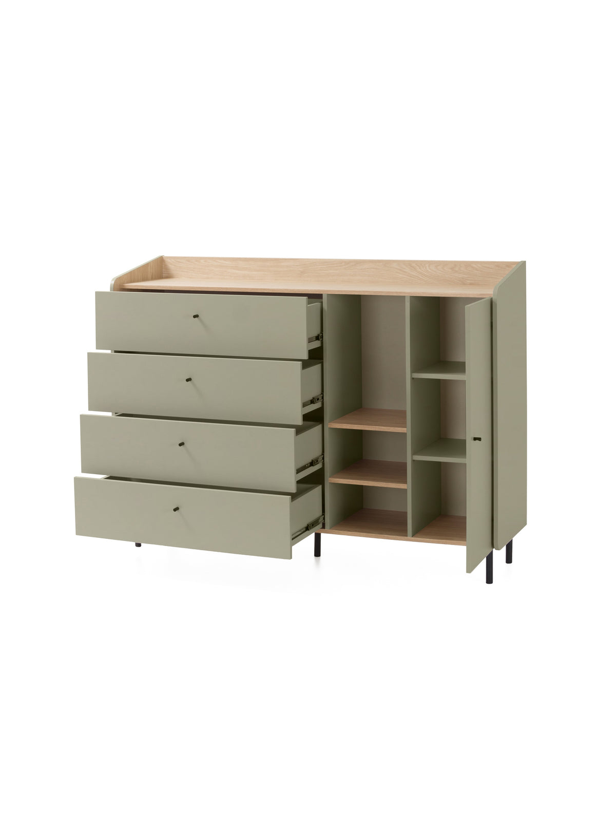 Komoda so zásuvkami Fiorenza 155 cm v olivovej farbe a prednými dvierkami dub baltic dune s otvorenými zásuvkami