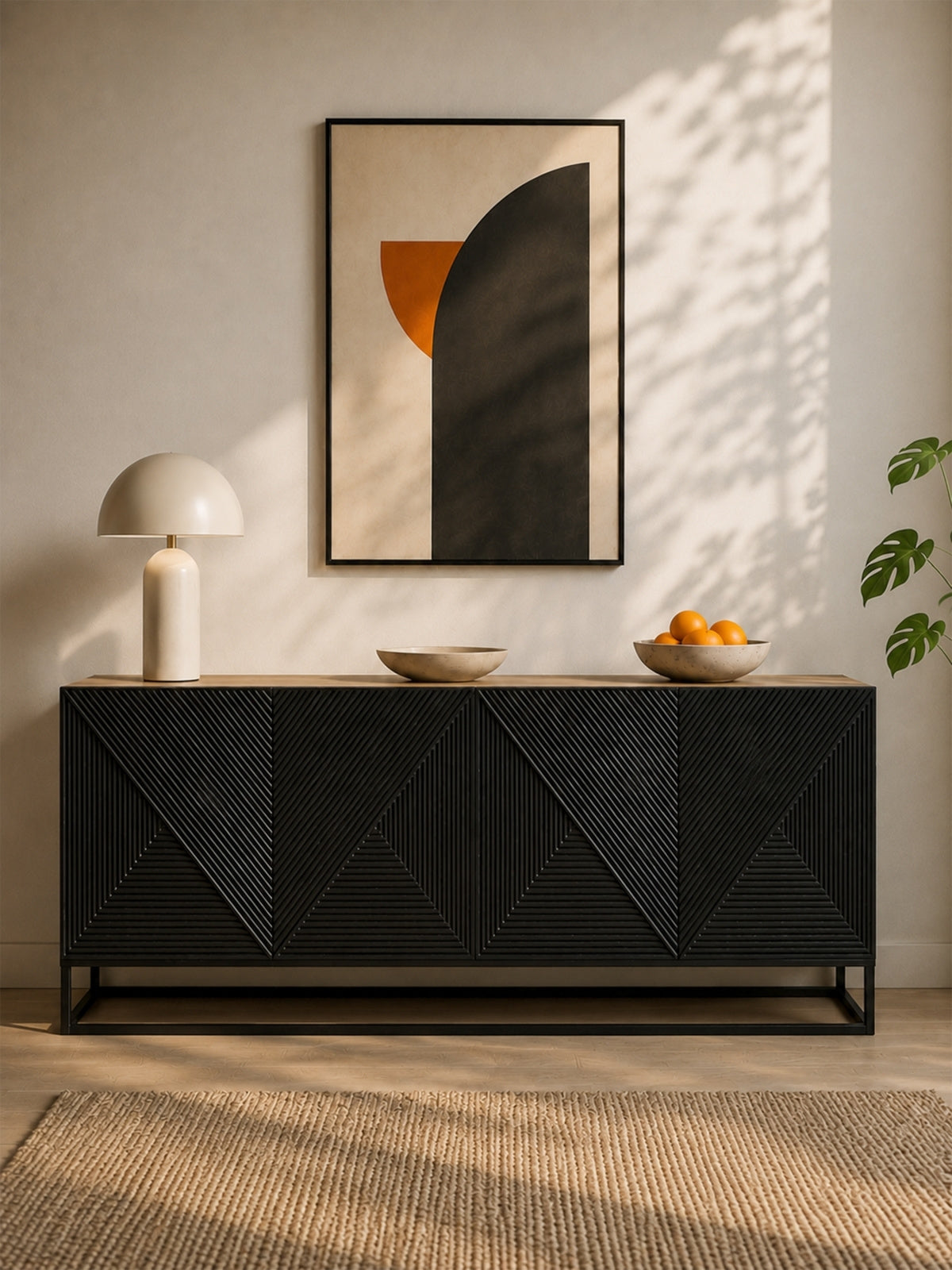 Komoda Asha 200 cm štvordverová - artisan / Čierny mat / Čierny Rošt