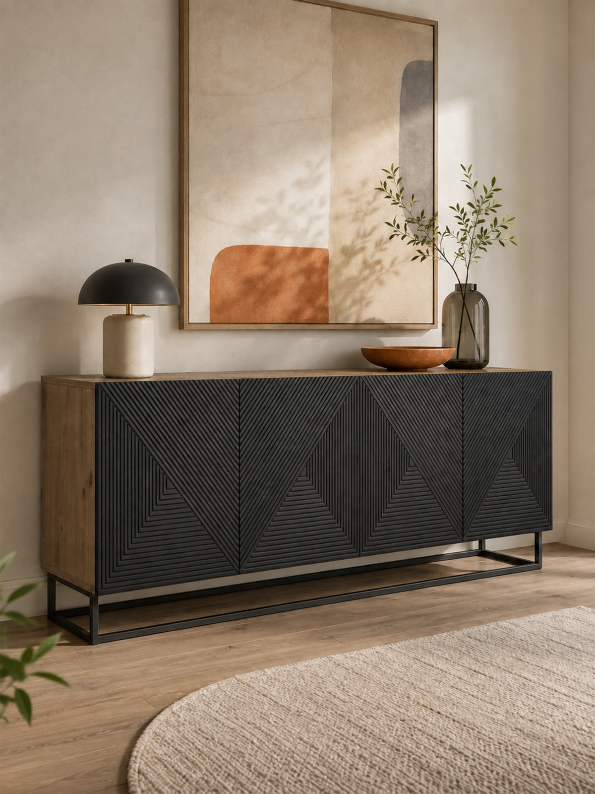 Komoda Asha 200 cm štvordverová - artisan / Čierny mat / Čierny Rošt